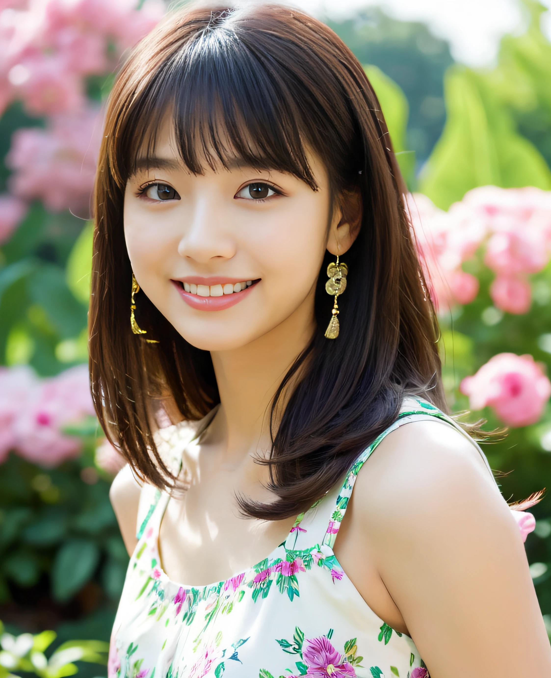 ((Masterpiece)), 8k, Masterpiece, Highest Quality, 1 Girl, Solo, Realistic, Garden, Photorealistic, Super Detailed, Detailed Background, (Solo: 1.4), Happy Expression, Slender Body, Realistic Highly detailed long hair, intricate details, masterpiece, top quality, waist shot, (flowery garden background)), smile, ((looking at camera)), earrings, long straight black hair, asymmetrical bangs, natural chest ,