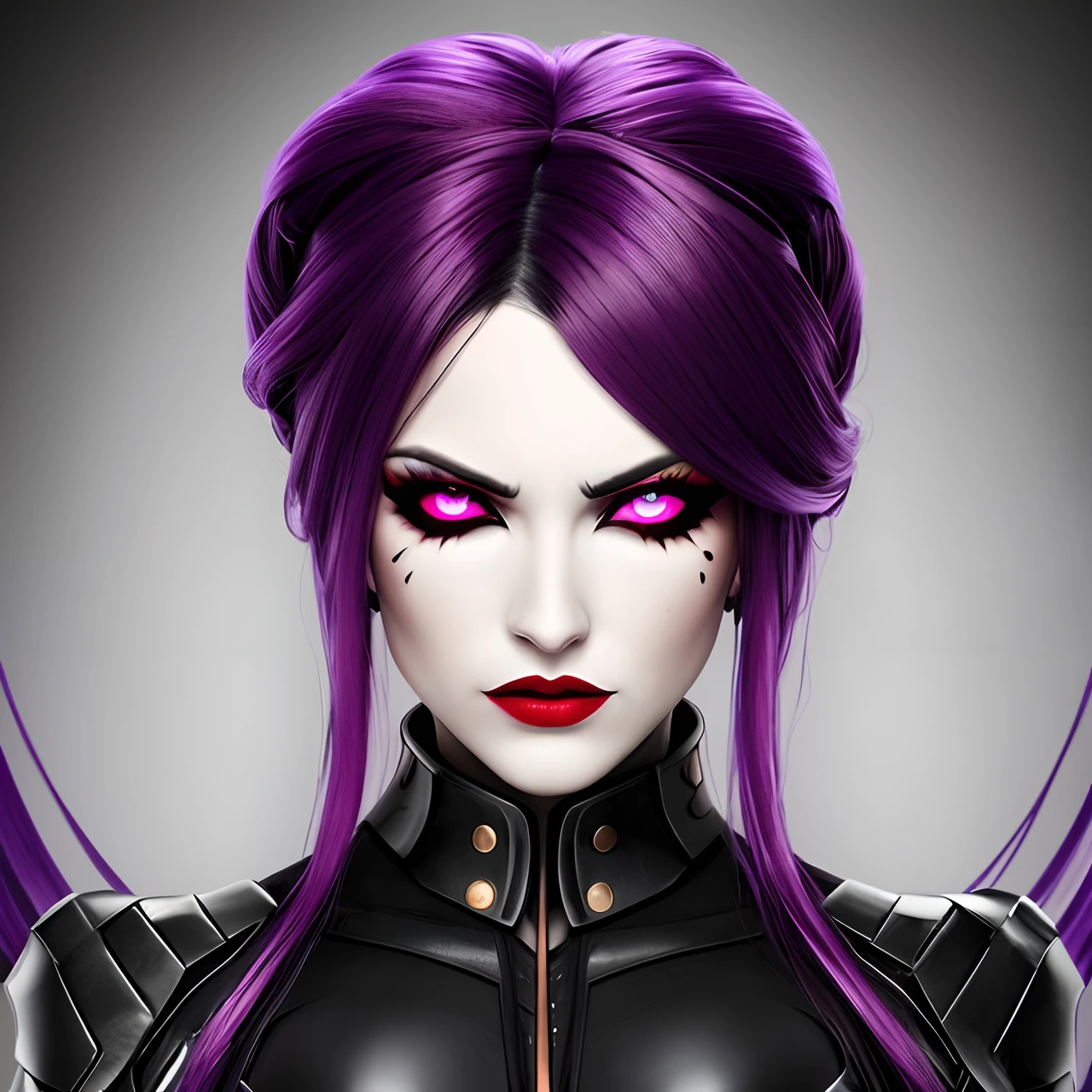 Female villainess with blackred hair with purple violet eyes using red magic