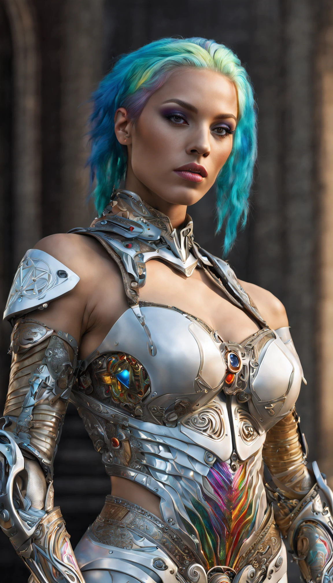 (((Top Quality: 1.4))),(Unparalleled Masterpiece),ultra high res,(Photorealsitic:1.4), surreal photography of a stunning beautiful cyborg female, (rainbow hair), huge breast, (beauty and detailed armor), embraced, delicate (white platinum) filigree, intricate filigree, glowing, navel, highly detailed, intricate details, face symmetry, masterpiece, award-winning, sharp focus, concept art,( hyperrealism, soft light, sharp:1.2) , octane render,(half body image :1.5)