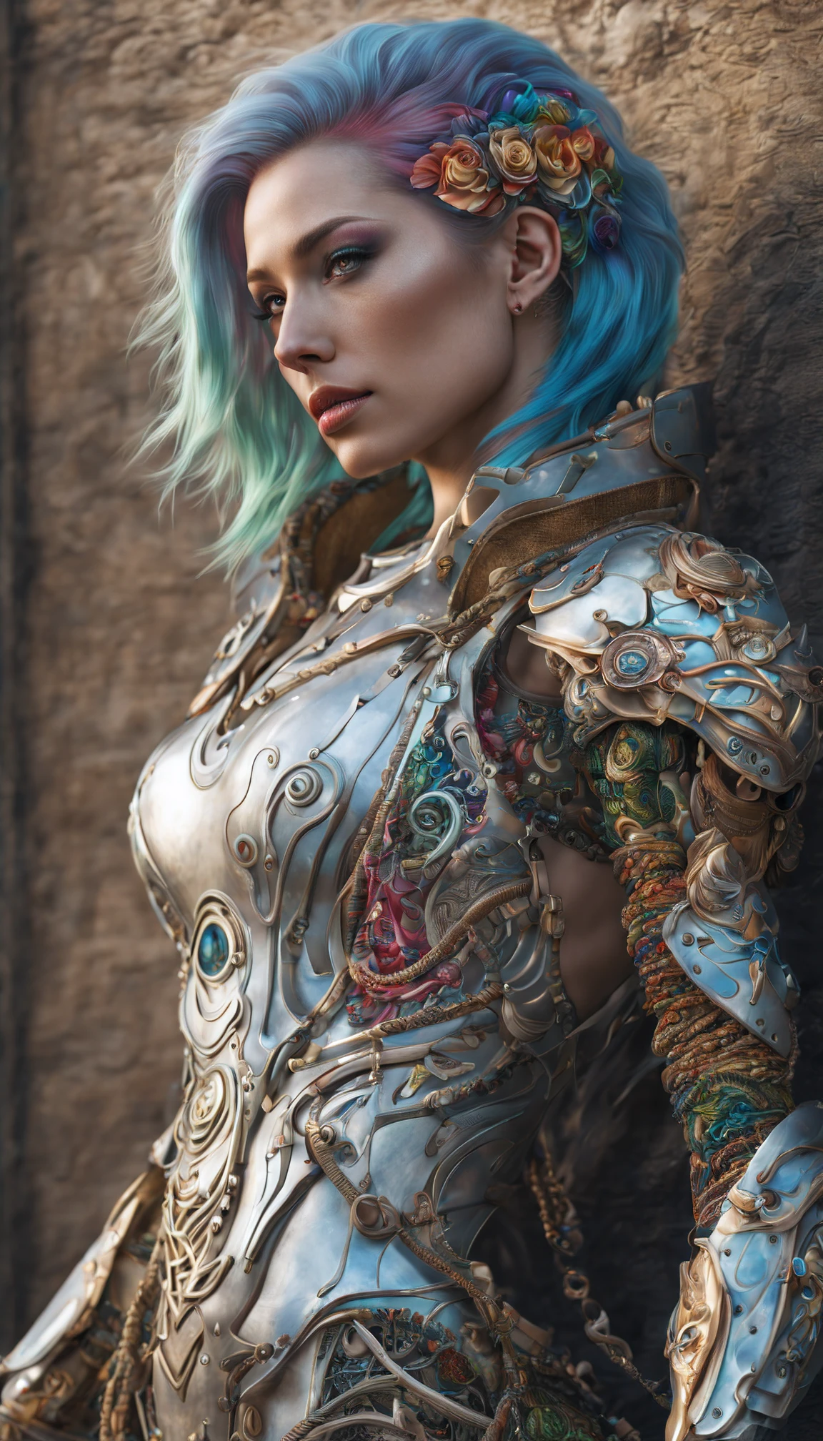 (((Top Quality: 1.4))),(Unparalleled Masterpiece),ultra high res,(Photorealsitic:1.4), surreal photography of a stunning beautiful cyborg female, (rainbow hair), huge breast, (beauty and detailed armor), embraced, delicate (white platinum) filigree, intricate filigree, glowing, navel, highly detailed, intricate details, face symmetry, masterpiece, award-winning, sharp focus, concept art,( hyperrealism, sharp:1.2) , octane render,(half body image :1.5)
