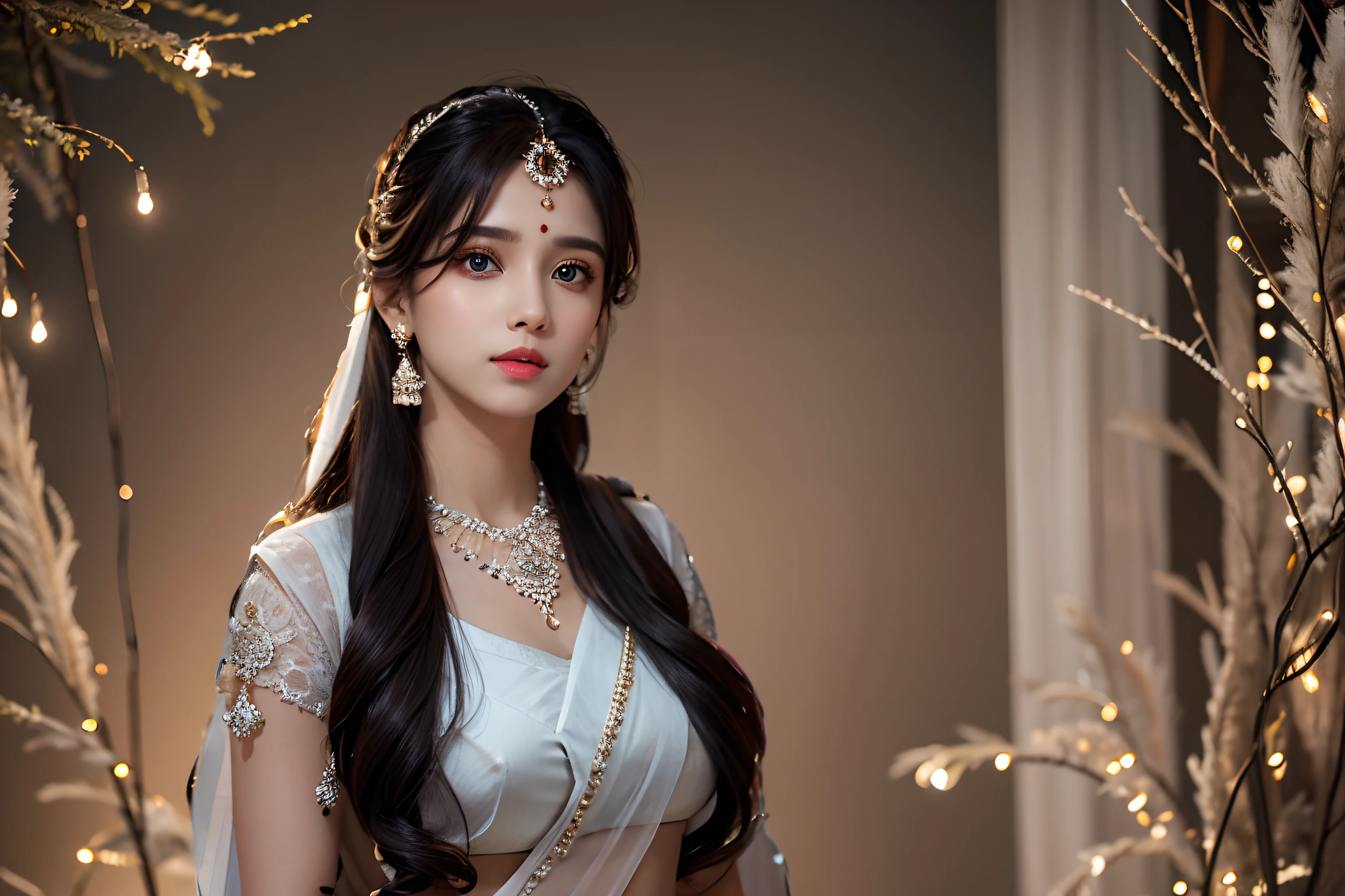 white_saree, same_face, long_hair, hair_accessories, necklace, beautiful_eyes