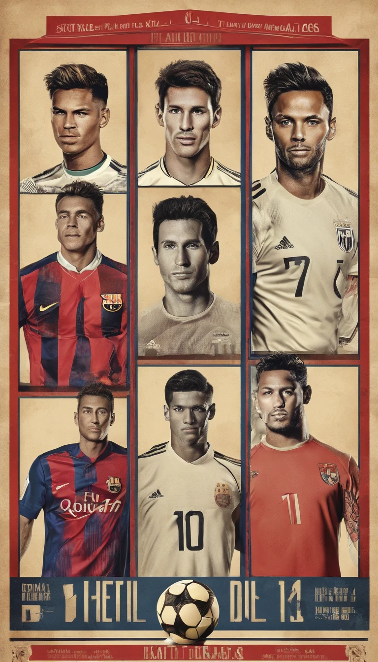 Lionel Messi, Cristiano Ronaldo, Neymar, con ropa deportiva retro de sus selecciones, cada personaje debe de tener camisetas distintas, 4k-resolution, piernas perfectas, torso perfecto, brazos perfectos, cara perfecta, En un estadio de futbol. Do not use the same template used in the images above