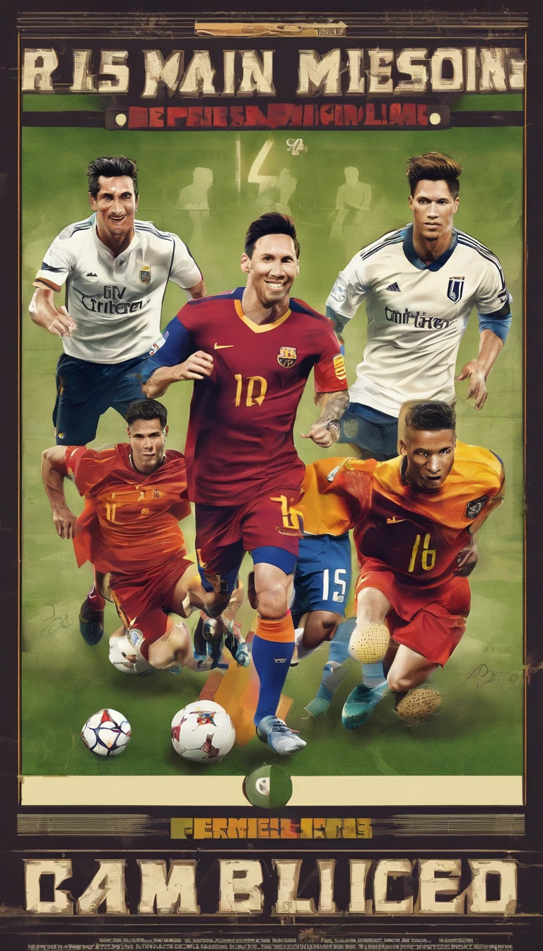 Lionel Messi, Cristiano Ronaldo, Neymar, con ropa deportiva retro de sus selecciones, cada personaje debe de tener camisetas distintas, 4k-resolution, piernas perfectas, torso perfecto, brazos perfectos, cara perfecta, En un estadio de futbol. Do not use the same template used in the images above