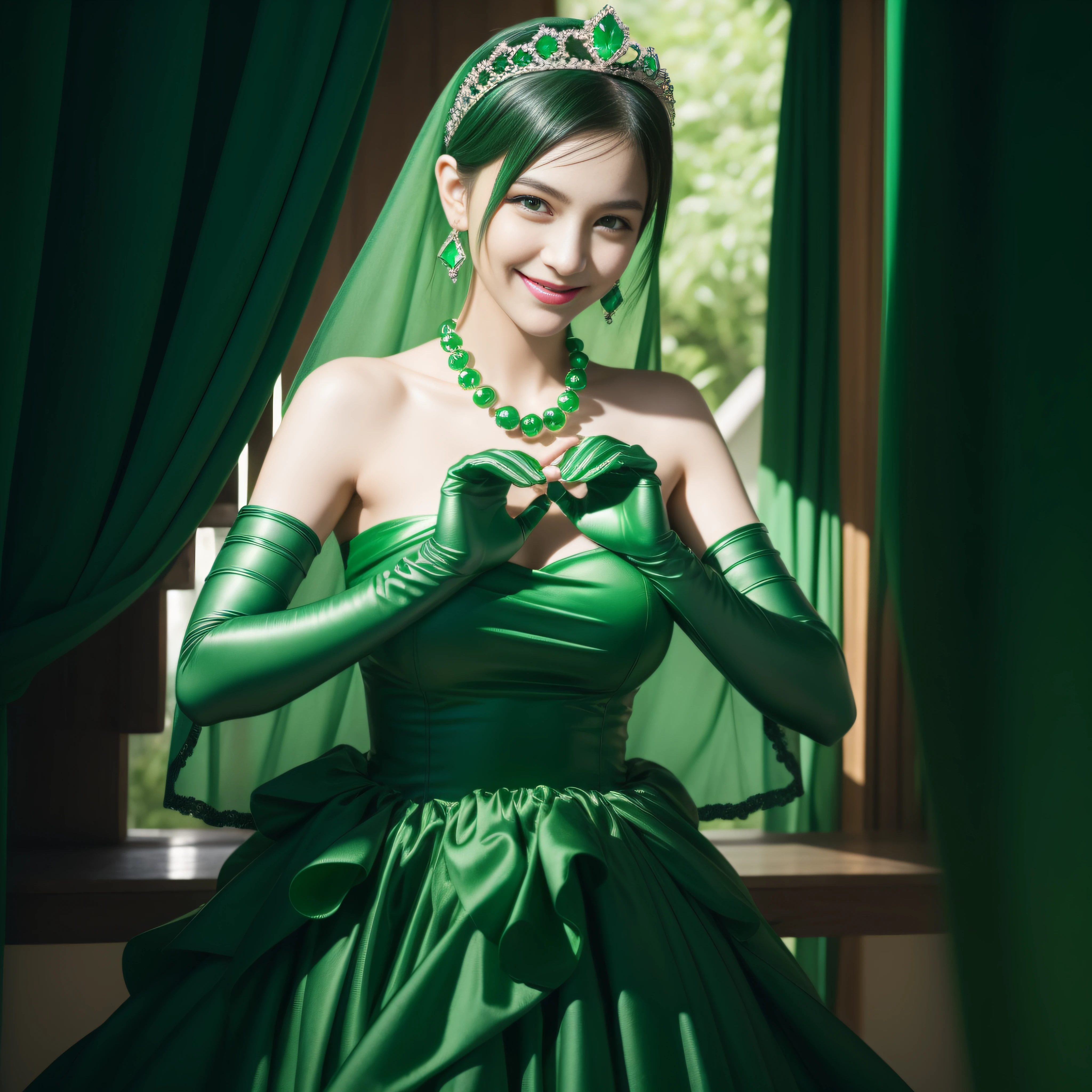 emerald tiara, Green Pearl Necklace, Boyish very short black hair, lipsticks, Japan woman smiling, very short short hair, big breasts beautiful, Green eyes, Long green gloves made of satin material, Green eyes, Emerald Earrings, green vale, Heart with both hands,Black hair
