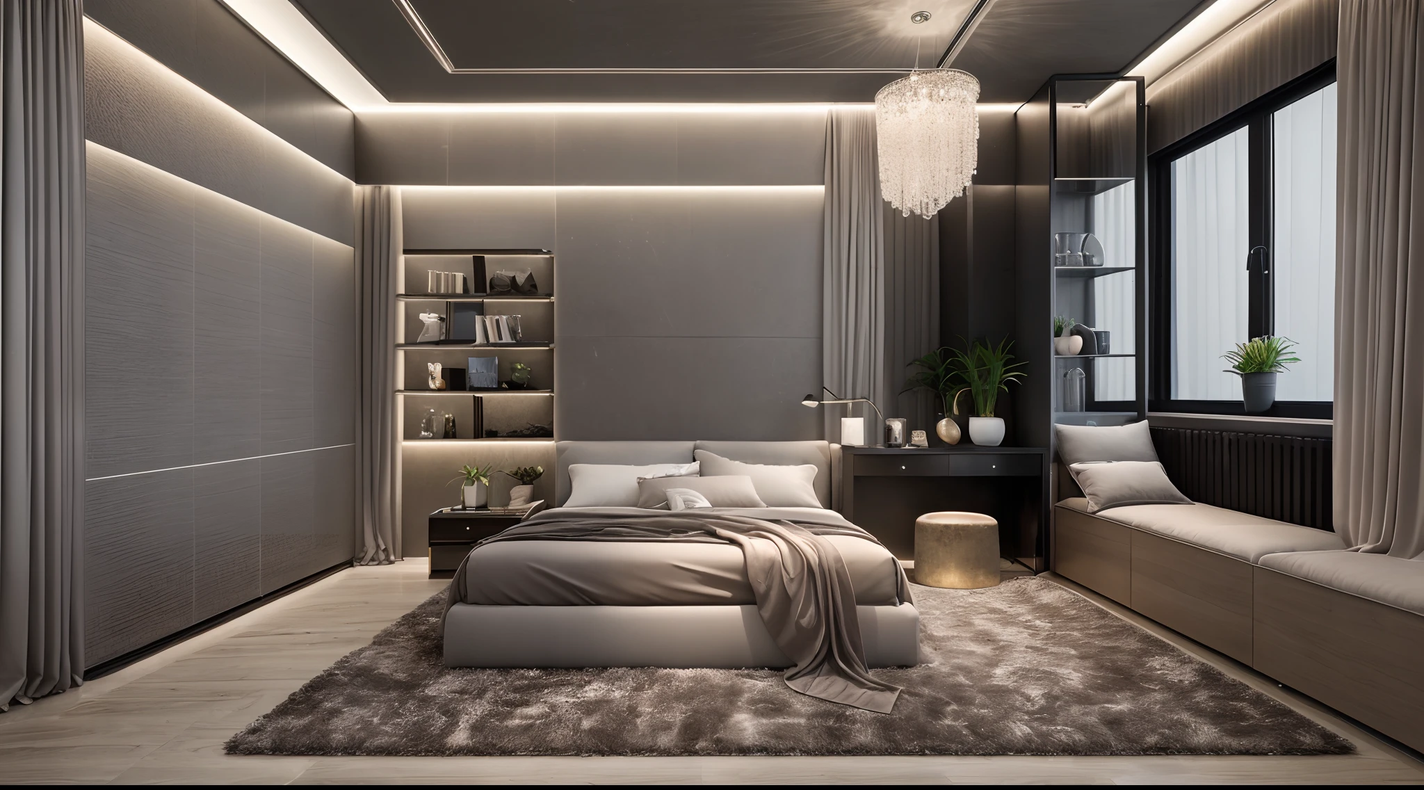 in the night, nice lighting,
luxurious bedroom interior design, luxury interior, luxurious bed,tufted carpet, large glass window with gray drapes, natural light, softlight, (flat white ceiling),masterpiece, realistic, high quality, potted plants