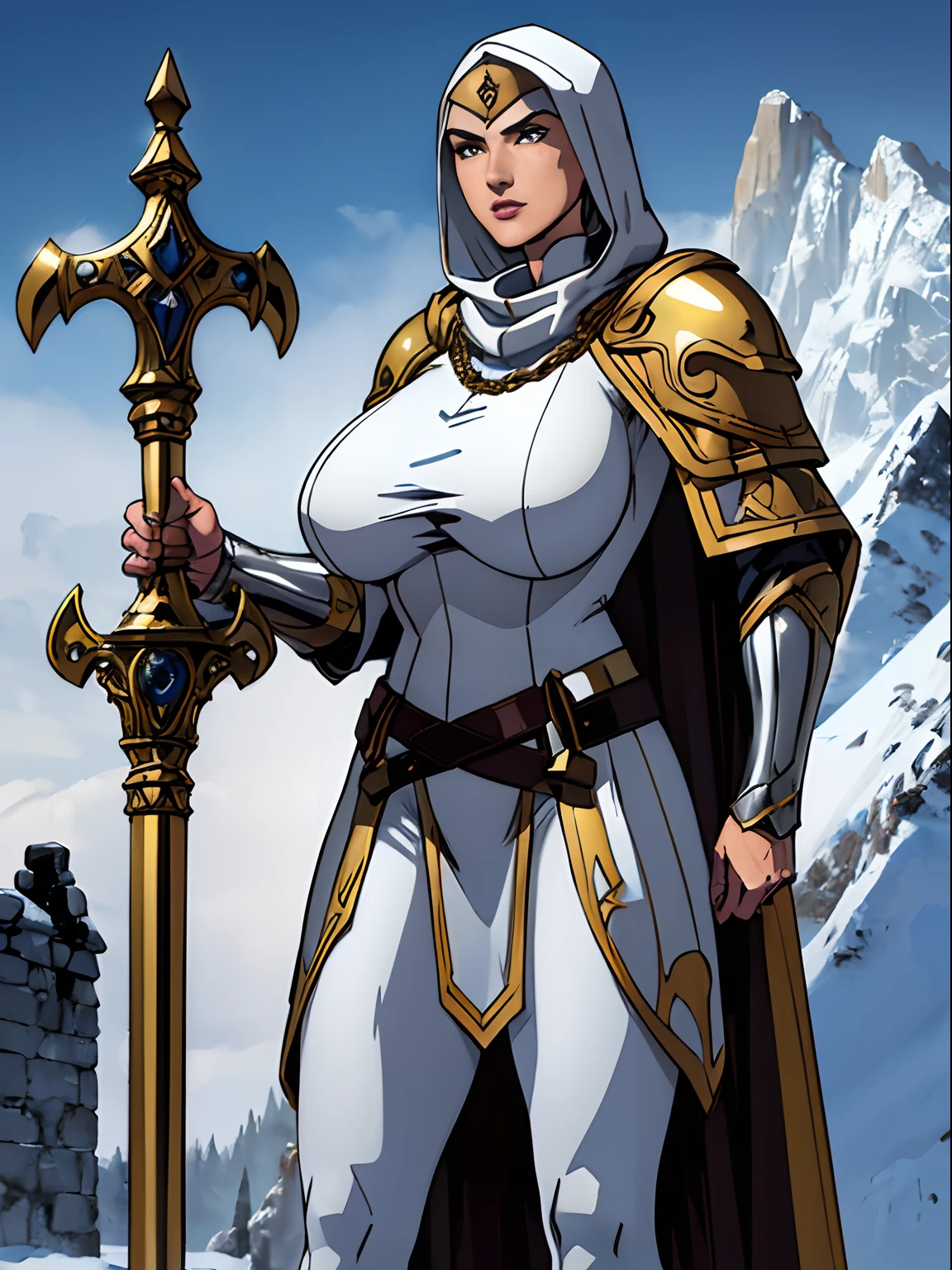 (masterpiece, top quality, best quality, official art, beautiful and aesthetic:1.2), (1girl:1.3), light freckles, fair skin, extremely detailed, portrait, looking at viewer, solo, (full body:0.6), detailed background, close up, (warm grasslands theme:1.1), holy paladin knight, charlatan, smirk, mysterious, swaying in mountains, skimpy attire, ornate white and gold armor, cowl, nun hood, wimple, cowl, robe, chain mail, chainmail, breastplate, tabard, gorget, hood, pauldrons, greaves, armored, long boots, longsword, shield, cape, cloak, white fabric, pale leather, ((((gigantic breasts)))), slim waist, slim hips, long legs, medieval (mountain exterior:1.1) background, dark mysterious lighting, shadows, magical atmosphere, dutch angle,