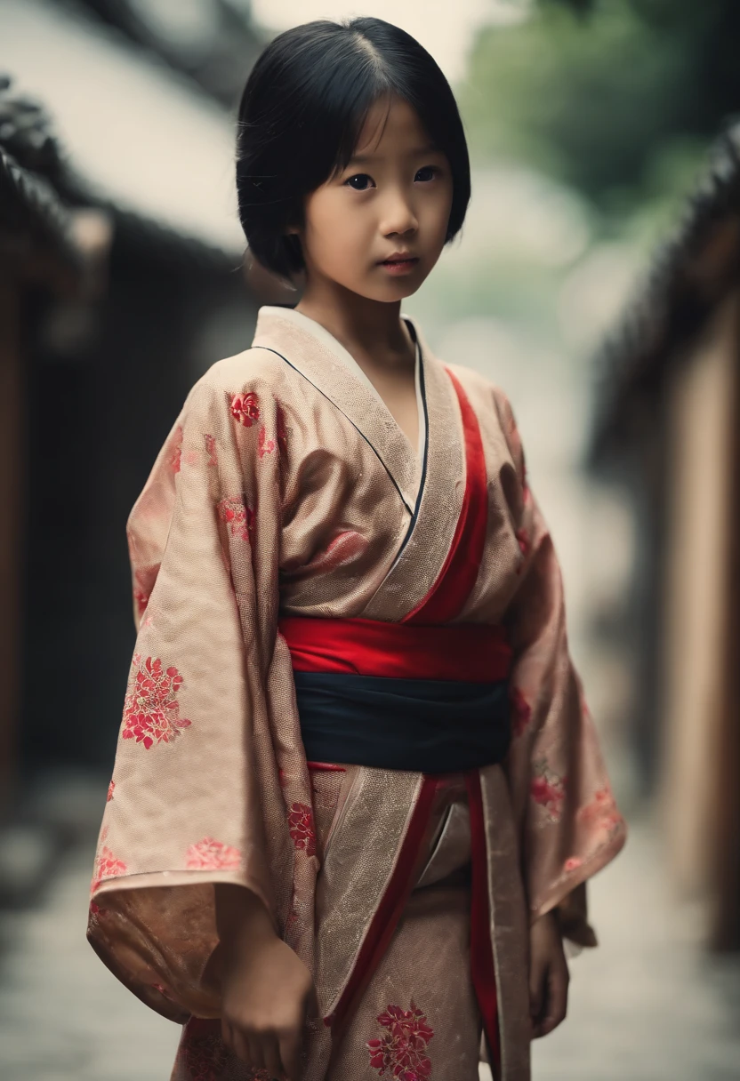 ((Naked)),full bodyesbian, Wear colorful kimonos, 7 , 7 year old petite child on ark cityet, Dark and creepy streets, Petite girl, flatchest, Petite figure, Short black hair, Exposing the abdomen, midriff exposed, small tits, ((Flat chest and thin waist)), a small face,Barefoot,Shoot at medium distance