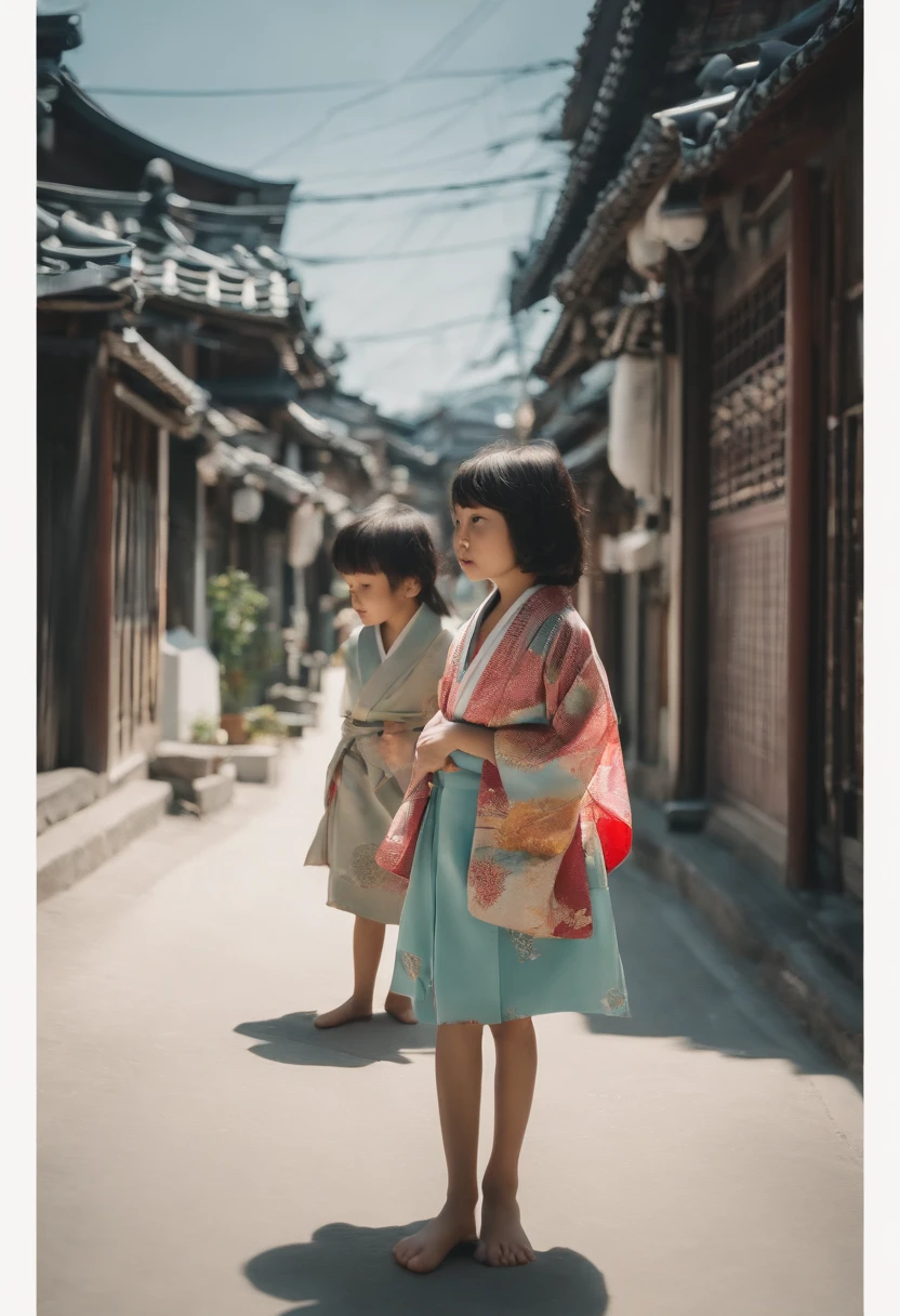((Naked)),full bodyesbian, Wear colorful kimonos, 7 years old, 7 year old Japanese petite child on a dark city street, Dark and creepy streets, Petite girl, flatchest, Petite figure, Short black hair, Exposing the abdomen, midriff exposed, small tits, ((Flat chest and thin waist)), a small face,Barefoot,Shoot at medium distance