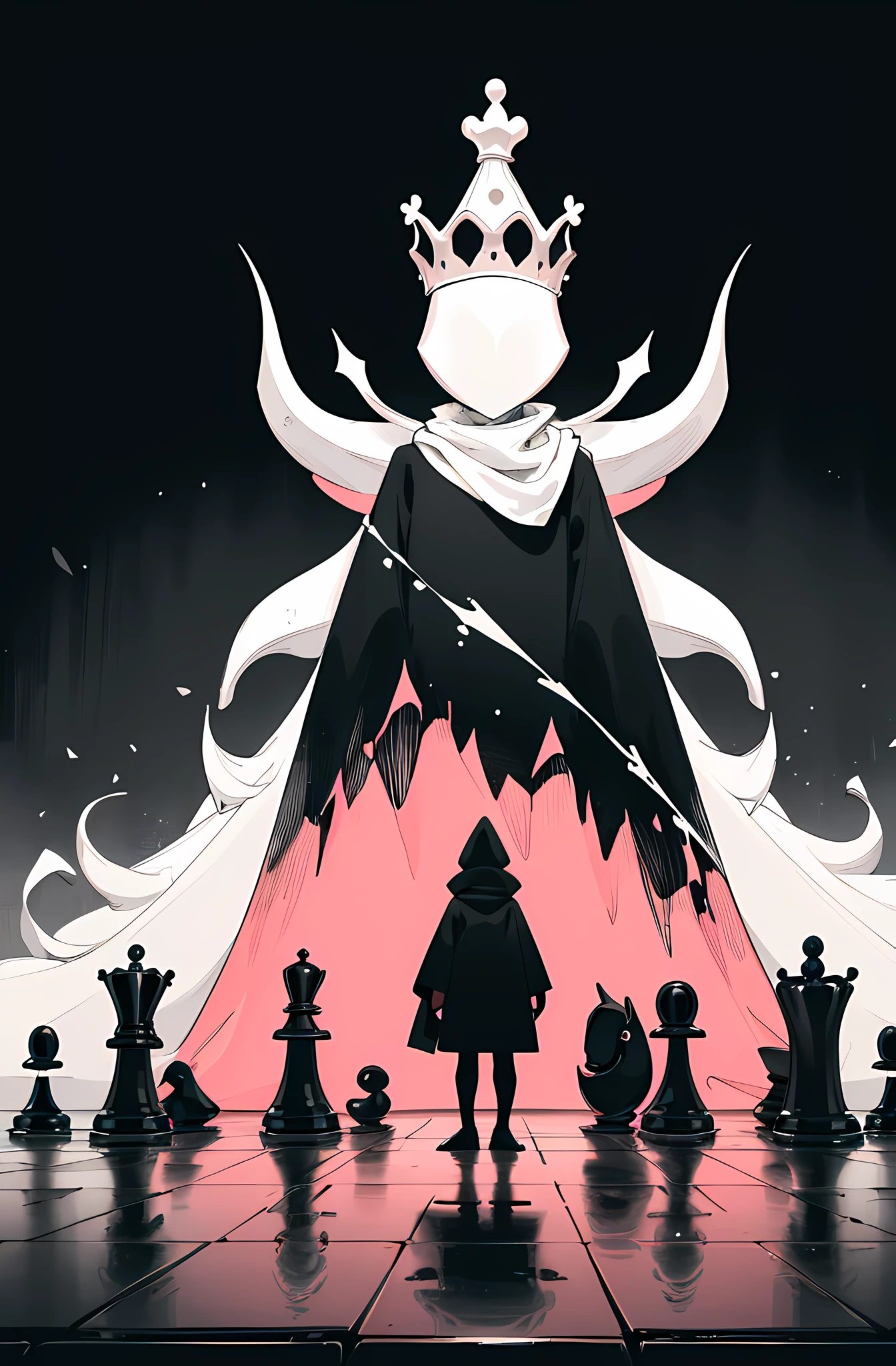 yellow, pink, black and white. Abstract. Capture a minimalist and simple photograph of a faceless figure, dressed in a monochromatic cloak, standing atop a giant chessboard surrounded by water.