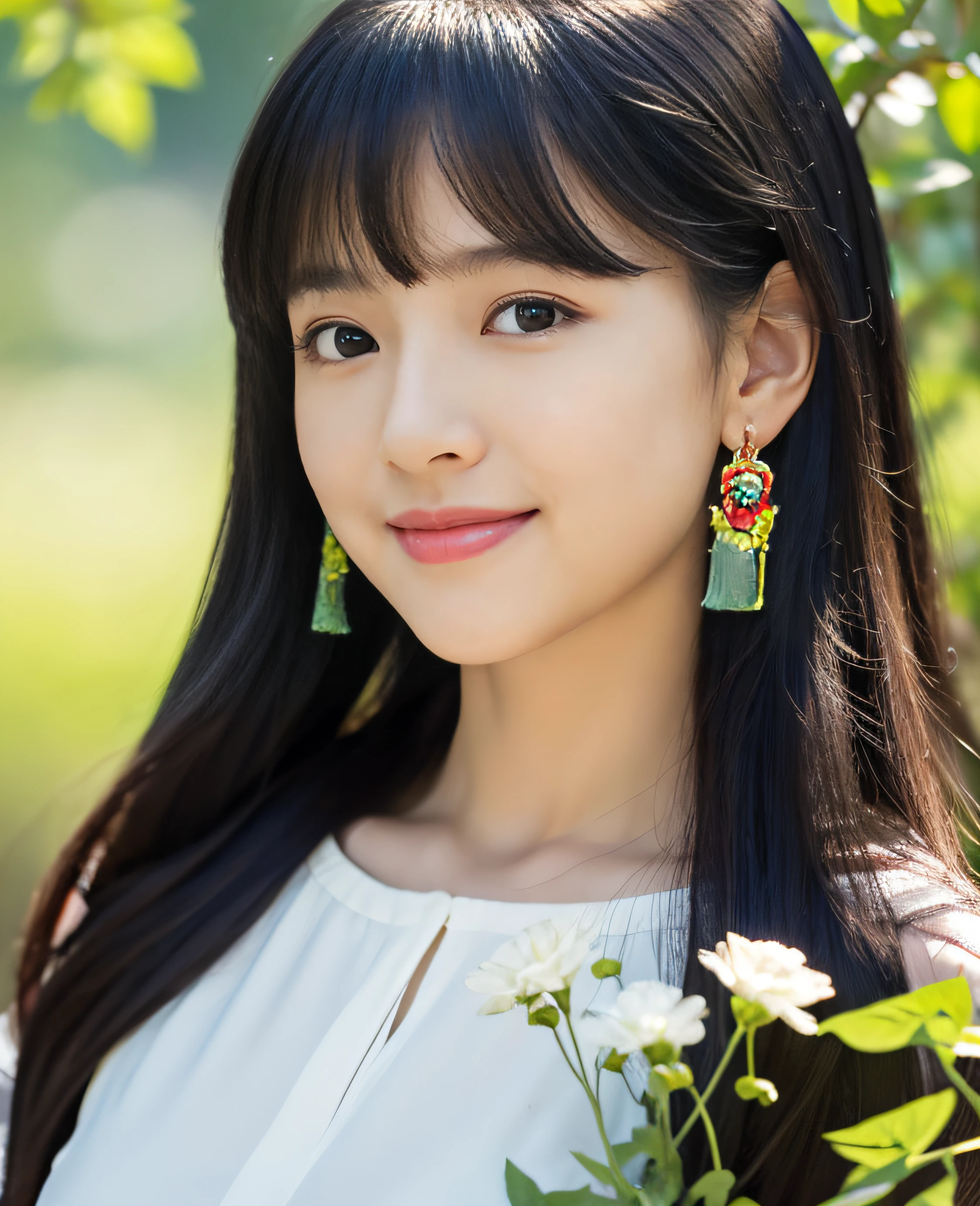 ((Masterpiece)), 8k, Masterpiece, Highest Quality, 1 Girl, Solo, Realistic, Garden, Photorealistic, Super Detailed, Detailed Background, (Solo: 1.4), Happy Expression, Slender Body, Realistic Highly detailed hair, intricate details, masterpiece, top quality, waist shot, (garden with colorful flowers), dynamic lights, quiet, gentle , smile, ((looking at camera)), earrings, black hair long straight, Asymmetric bangs, cute bangs, natural breasts, half hair,