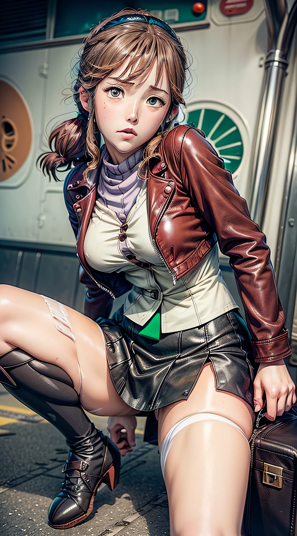 1girl, Beautiful, Amazing face and eyes, makeup, red gloss lips, (extremely detailed beautiful face), (sexiest look), (Beautiful big breasts), (leather jacket, Tight Skirt, knee high:1.2), (Best Quality:1.4), (Ultra-detailed), (extremely detailed CG unified 8k wallpaper), Highly detailed, RAW Photos, Professional Photography, crowded train, Sitting, (Spread your legs), (sheer lace panties), Scenery like a scene from a movie, (Ghibli style anime photo illustration:1.6)