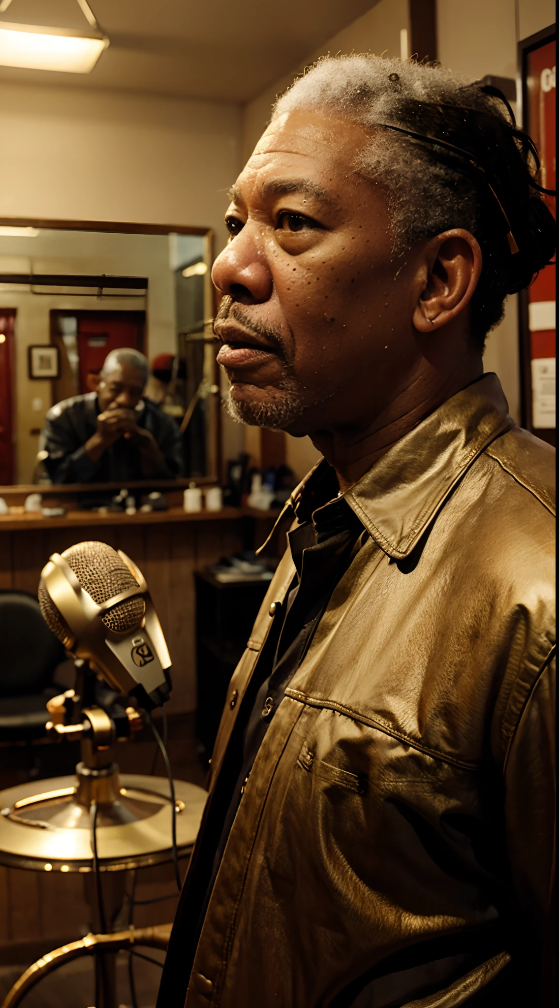 MORGAN FREEMAN TALKING INTO GOLDEN PODCAST MICROPHONE IN BARBER SHOP