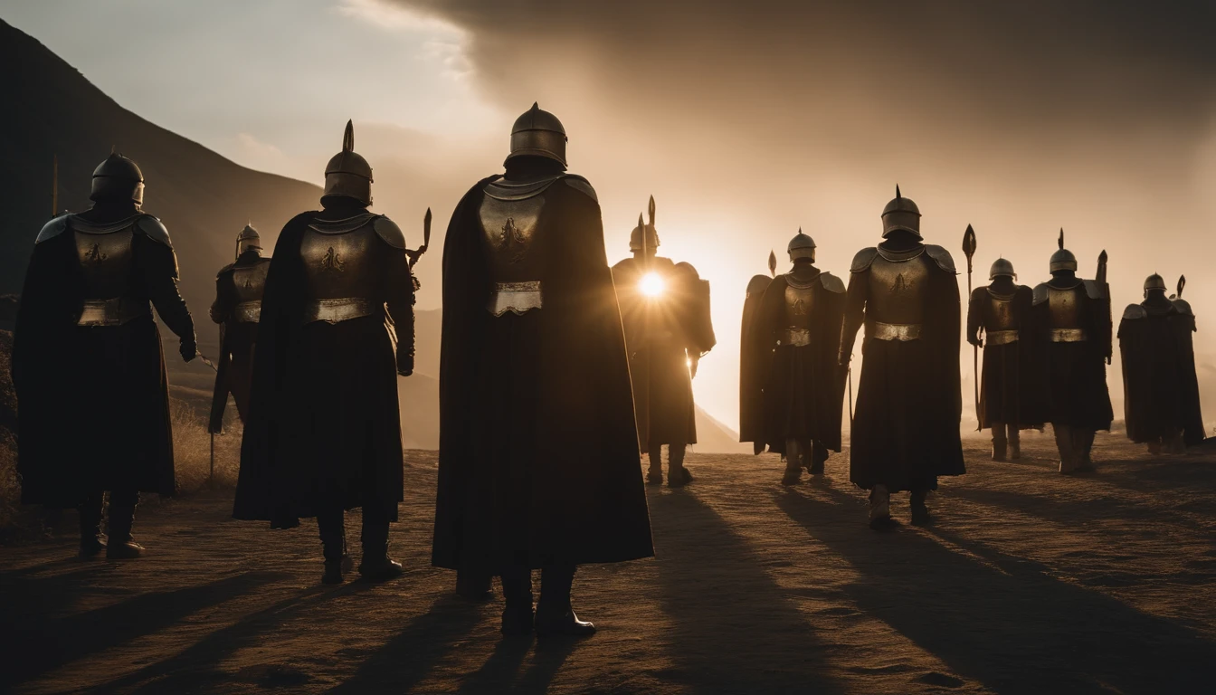 A vast army of male archangels, com grandes asas, empunhando espadas, vestindo armadura dourada com detalhes pretos ,dispostos em fileiras, alta qualidade,8k