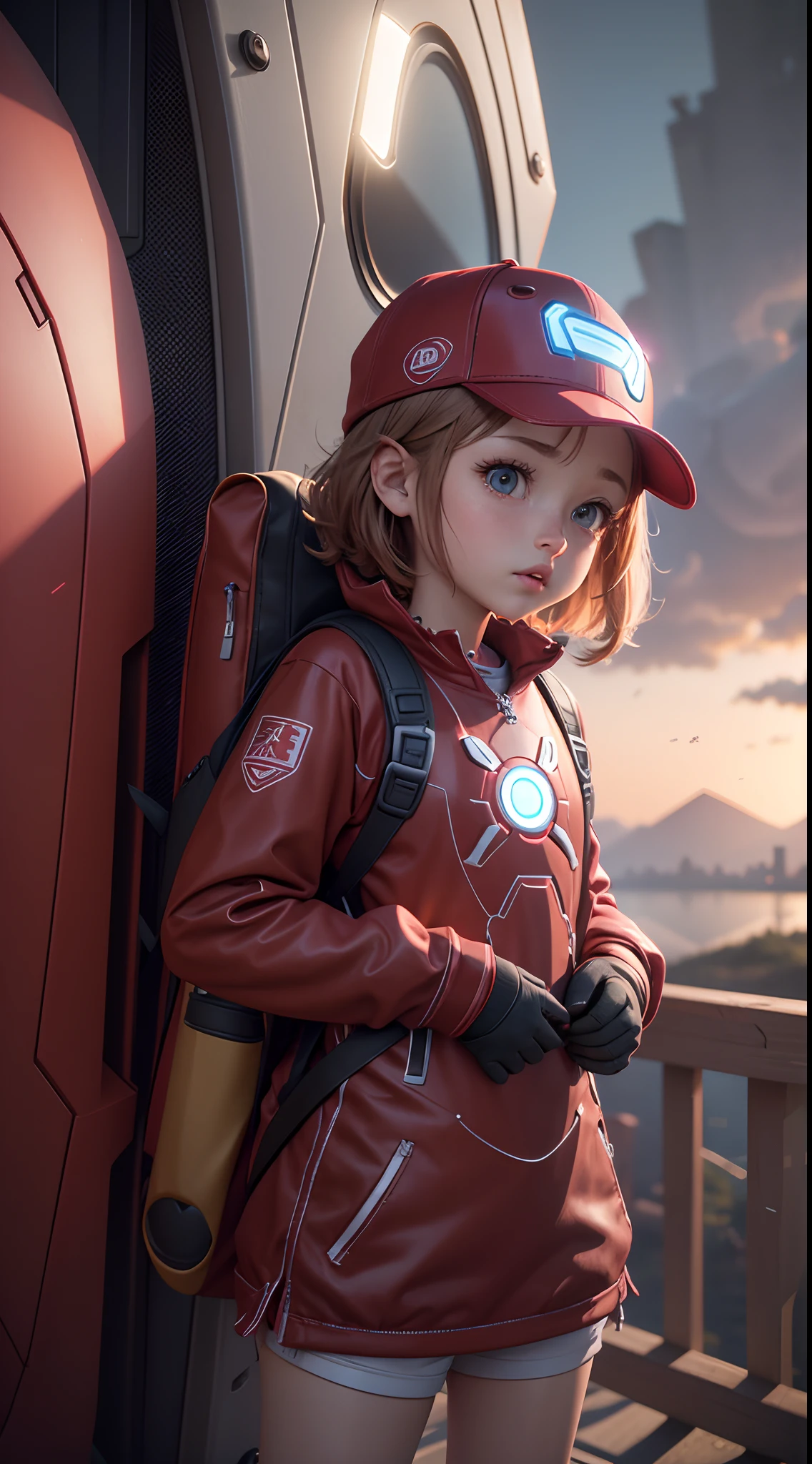 an 8 year old female cartoon character in an ironman hat and ironman backpack, ((ironman backpack)), Animation-style rendering, Cute 3D rendering, Unreal engine 5, Anime style, 8 K, 3d rendering, surreal adventure rendering, anime 3D, 3d rendering