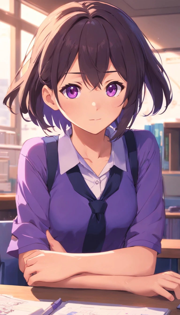 best qualtiy, tmasterpiece, 超高分辨率, realisticlying, 1 girl,(Gorgeous Hair in Long Purple),Heterochromic pupils,Sitting at your desk,Place your hands on the thermos cup,Look out the window,(Black collar),(Student kits),Purple stockings,Classroom,wide angles