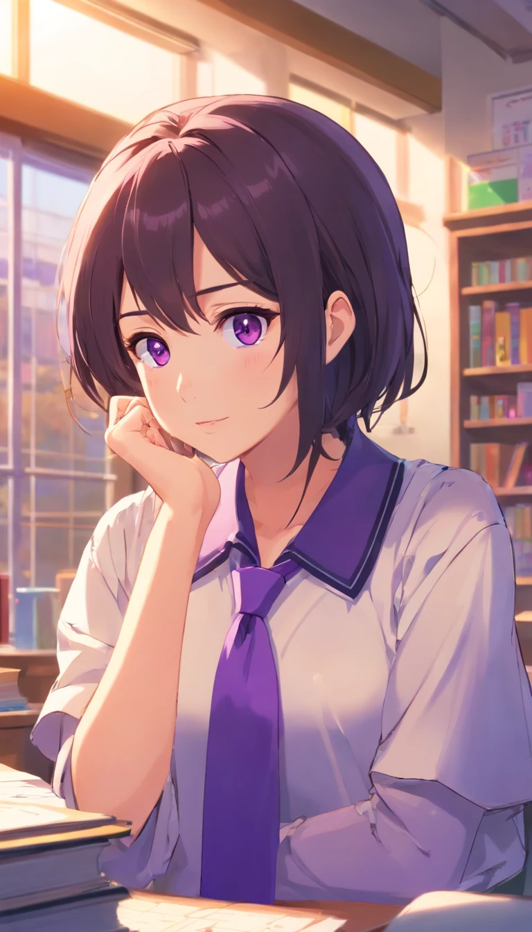 best qualtiy, tmasterpiece, 超高分辨率, realisticlying, 1 girl,(Gorgeous Hair in Long Purple),Heterochromic pupils,Sitting at your desk,Place your hands on the thermos cup,Look out the window,(Black collar),(Student kits),Purple stockings,Classroom,wide angles