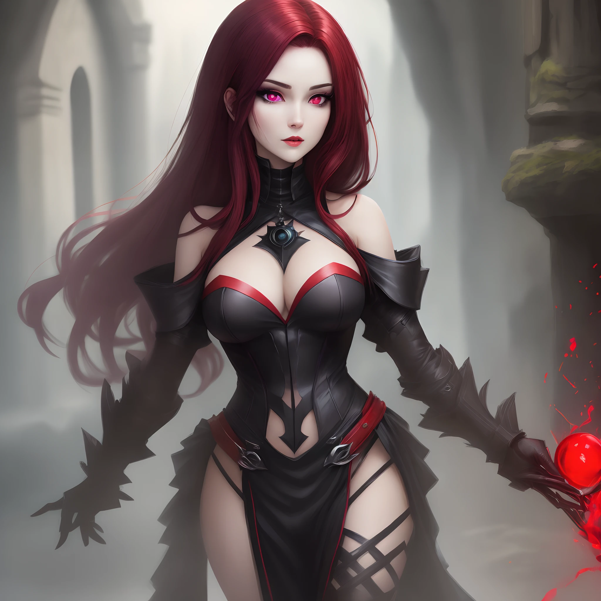 Female villainess with black red hair and violet eyes using red magic