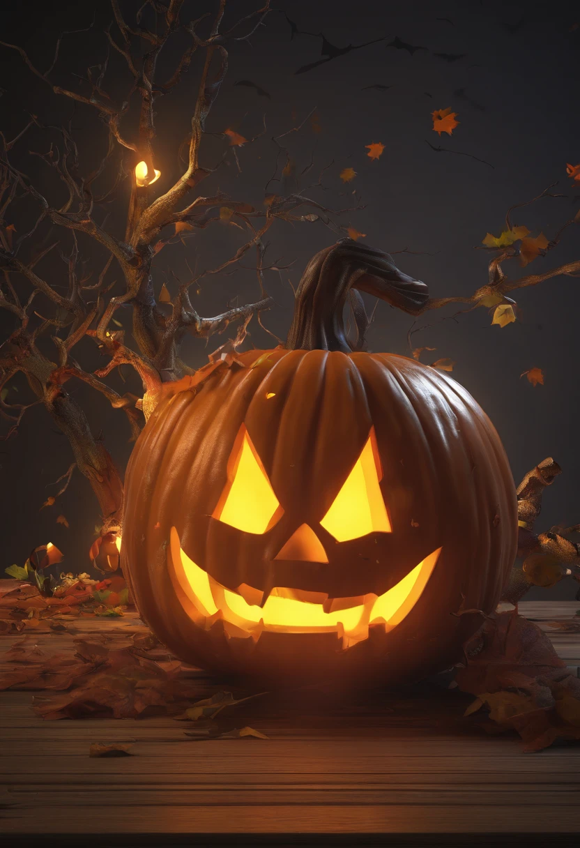 (巨作), (Best quality), Photoreality, Realistic, Ultra detailded, 8K resolution, Front light, Cinematic light, cold light, Dark background, Inside the house, mystique, fantasy, pumkin