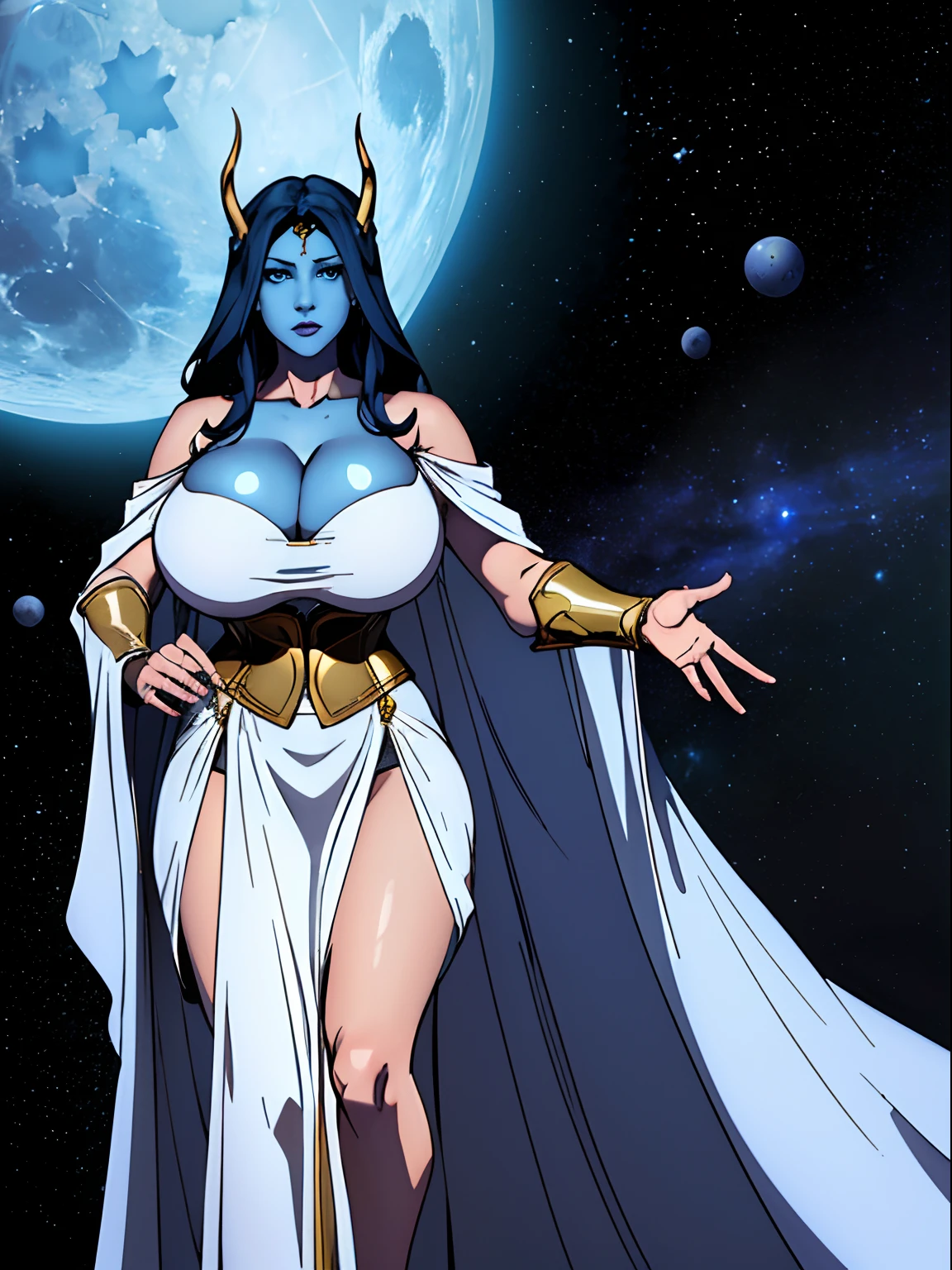(masterpiece, top quality, best quality, official art, beautiful and aesthetic:1.2), (1girl:1.3), dark blue hair in braid, extremely detailed, portrait, looking at viewer, solo, (full body:0.6), detailed background, close up, (cool science fiction space theme:1.1), ((((blue skin)))), extremely busty sorceress, charlatan, mysterious, casting spells in space, four arms, revealing white and gold robes, fingerless gloves, long gloves, glowing magical energy, blindfold, elaborate headdress, golden ceremonial horns, ((see-through clothing, sheer white fabric)), elegant robes, skirts, streamers, cowl, cape, sandals, bracers, ((((gigantic breasts, cleavage, skindentation)))), slim waist, slim hips, long legs, athletic, SPACE, futuristic moon, (space exterior:1.1) background, dark mysterious lighting, shadows, magical atmosphere, dutch angle
