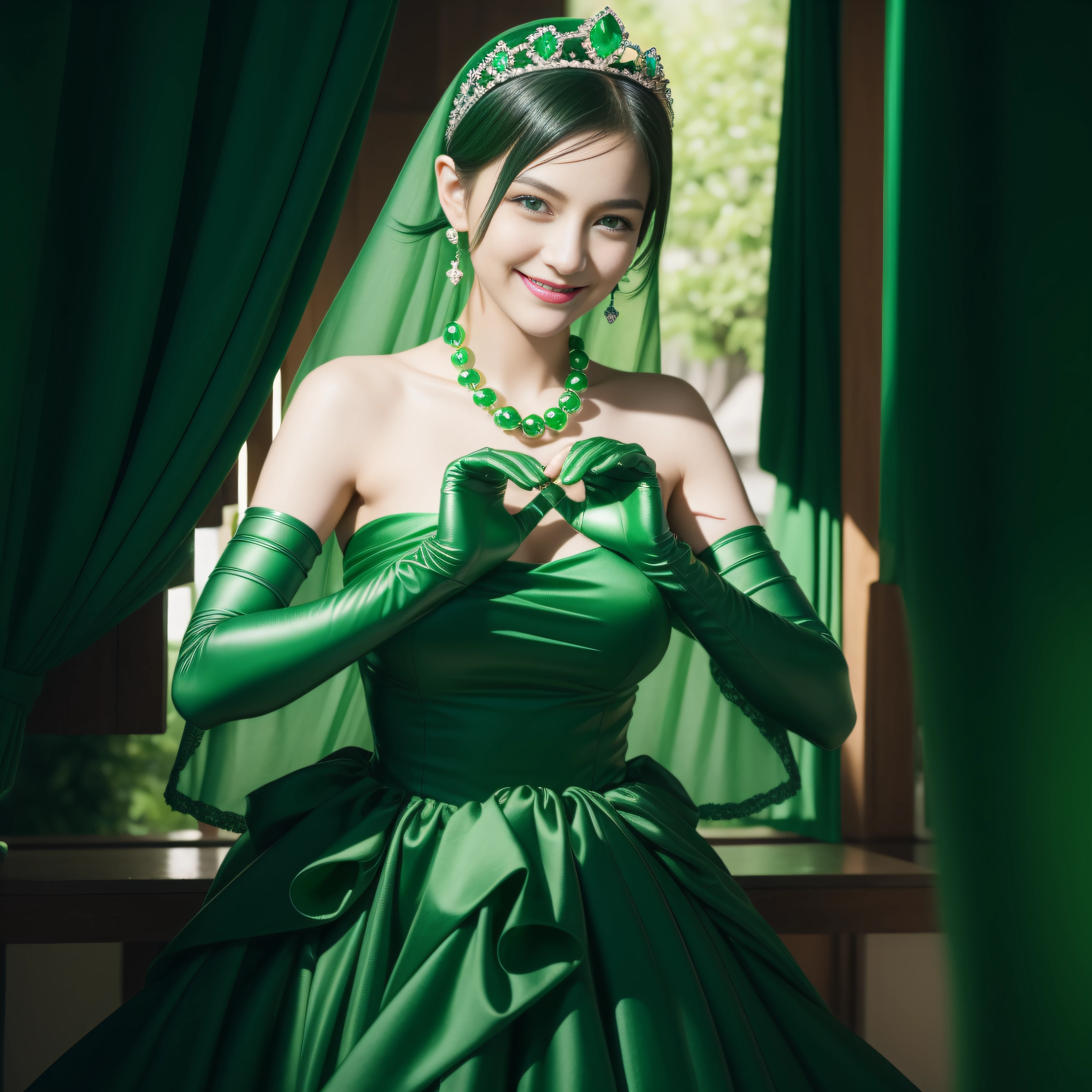emerald tiara, Green Pearl Necklace, Boyish very short black hair, lipsticks, Japan woman smiling, very short short hair,  big breasts beautiful, Green eyes, Long green gloves made of satin material, Green eyes, Emerald Earrings, green vale, Heart with both hands,Black hair