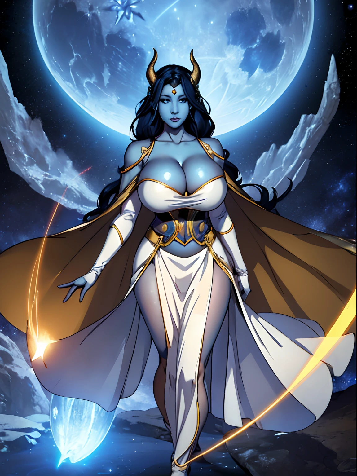 (masterpiece, top quality, best quality, official art, beautiful and aesthetic:1.2), (1girl:1.3), dark blue hair in braid, extremely detailed, portrait, looking at viewer, solo, (full body:0.6), detailed background, close up, (cool science fiction space theme:1.1), ((((blue skin)))), extremely busty sorceress, charlatan, mysterious, casting spells in space, four arms, revealing white and gold robes, fingerless gloves, long gloves, glowing magical energy, blindfold, elaborate headdress, golden ceremonial horns, ((see-through clothing, sheer white fabric)), elegant robes, skirts, streamers, cowl, cape, sandals, bracers, ((((gigantic breasts, cleavage, skindentation)))), slim waist, slim hips, long legs, athletic, SPACE, futuristic moon, (space exterior:1.1) background, dark mysterious lighting, shadows, magical atmosphere, dutch angle