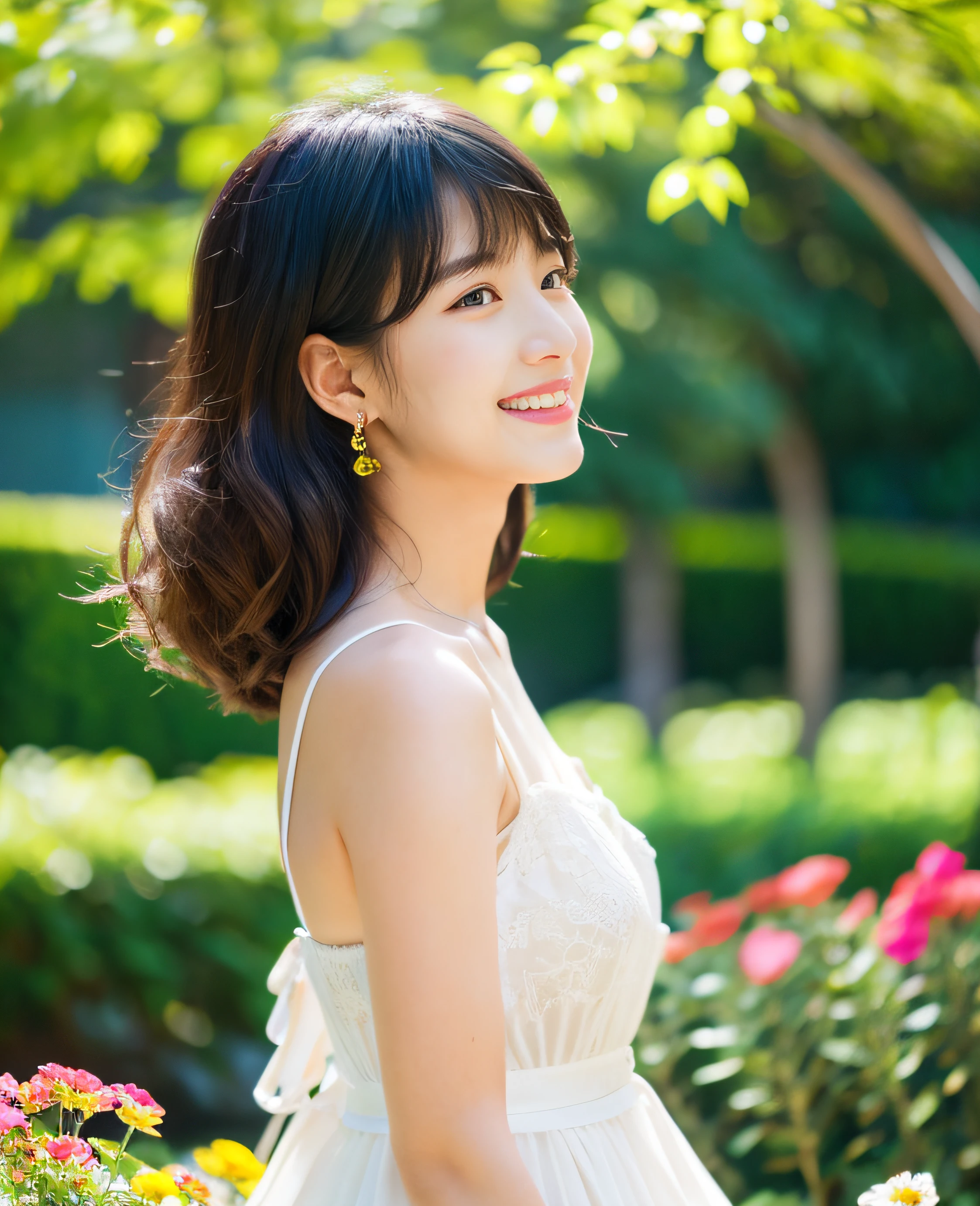 ((Masterpiece)), 8k, Masterpiece, Highest Quality, 1 Girl, Solo, Realistic, Garden, Photorealistic, Super Detailed, Detailed Background, (Solo: 1.4), Super High Resolution Full Body Figure, Front View , happy expression, slender figure, realistic and highly detailed hair, intricate details, masterpiece, top quality, standing, outdoor, sitting, white chair, white table, (garden with colorful flowers), Dynamic light, Quiet, Calm, Smile, Profile, Profile, Looking at camera, Earrings, Long straight black hair, Asymmetrical bangs, Cute  bangs, Natural breasts, Half hair, Ultra high resolution background, (Eye details), (Face details) details), (clothing details), (ultra high resolution),