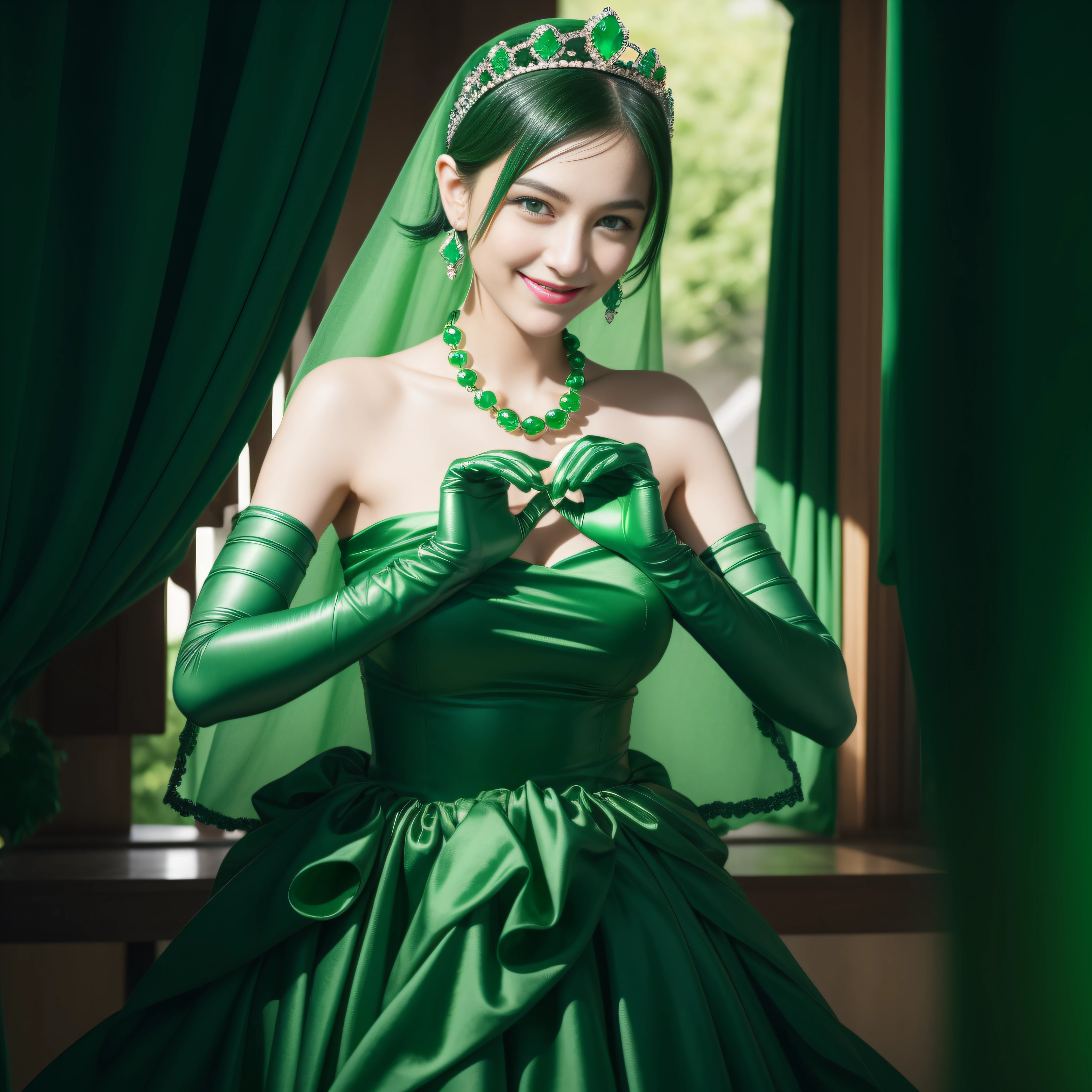 emerald tiara, Green Pearl Necklace, Boyish very short black hair, lipsticks, Japan woman smiling, very short short hair,  big breasts beautiful, Green eyes, Long green gloves made of satin material, Green eyes, Emerald Earrings, green vale, Heart with both hands,Black hair