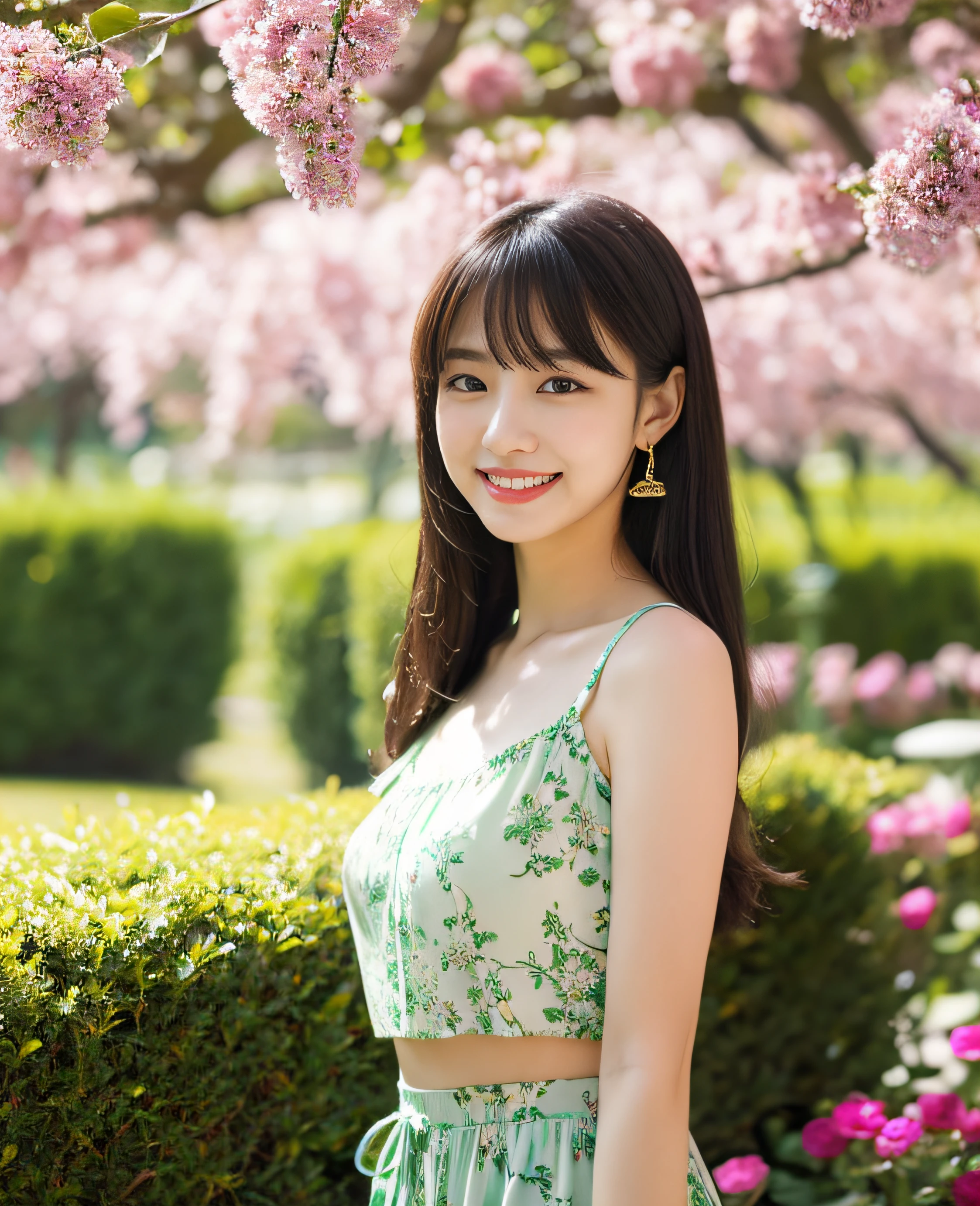 ((Masterpiece)), 8k, Masterpiece, Highest Quality, 1 Girl, Solo, Realistic, Garden, Photorealistic, Super Detailed, Detailed Background, (Solo: 1.4), Happy Expression, Slender Body, Realistic Highly detailed long hair, intricate details, masterpiece, top quality, waist shot, (flowery garden background)), smile, ((looking at camera)), earrings, long straight black hair, asymmetrical bangs, natural chest ,