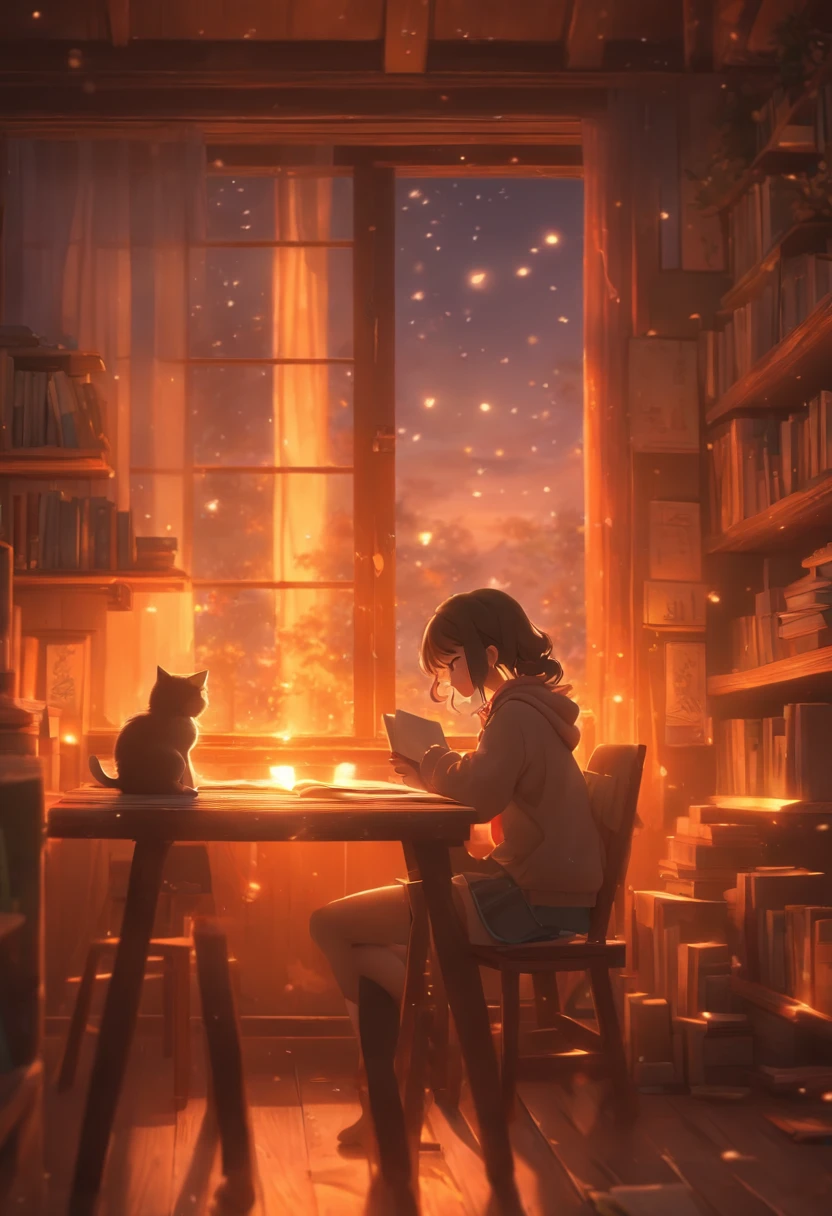 a girl studying at dusk, wooden floor with kitten on the table, eerie atmosphere, book movement, light "snow outside the window" falling, cinematic lighting, mystical, atmospheric, 3D rendering, high details, trends on ArtStation , 4K resolution, ultra-defined detailed pixel