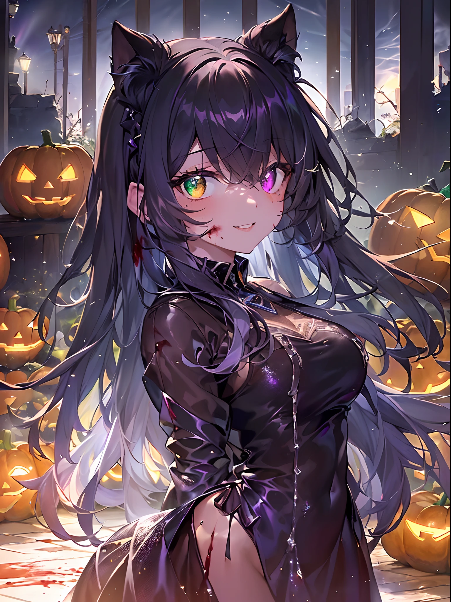 Dark Focus ,(((jack-o-lanterns:1.5, Halloween、the whole body is covered in blood,,,blood eyes:1.5、Return blood:1.5)))、 (Dark gradient watercolor :1.5, Lens Flare:1.5 , Glitter :1.5),full body Esbian、monstergirl、Glow , Dreamy , Dark background、Grid illusion, Colorful, girl、(((Ruin background:1.5,Psychic in the background:1.5))),((extremely detailed eye:1.5)),{{{Ultra 8K resolution}}},((masutepiece, of the highest quality, Beautiful and aesthetic: 1.2)),{{hyper detailed masterpiece: 1.7}}, {{Cinematic lighting}},(The hair　Transparency:1.5）,(dark hue:1.5，Dark Tone，Big aurora borealis background in the dark:1.5、The Darkness:1.5，Cold reflection:1.5，Object edges are reflected in purple:1.5) 、(Golden ratio: 1.2), (Full body: 1.2), (Super Detail: 1.3), (girl with: 1.3), (Fractal Art: 1.3), {{{Glitter Pupil:1.25}}}) , ((Half purple and half black cat hair:1.5,Shiny hair: 1.2)), (Heterochromia), (full body Esbian), (Hyper-detailing), ((delicate detail)), (intricate-detail), ((Cinematic Light, Highest quality backlight)), High contrast, {{{The best lighting, Very delicate and beautiful}}}, (( Cinematic Light)), (ray trace reflection, Glow), (((glowing aura)), {{{Glowing hair:1.25}}}, ((Super Detail)), (8K)), ((a closeup)), ((Brown skin)), ((Seductive smile)) ,((high angle full body shot)), (Full body:1.2)