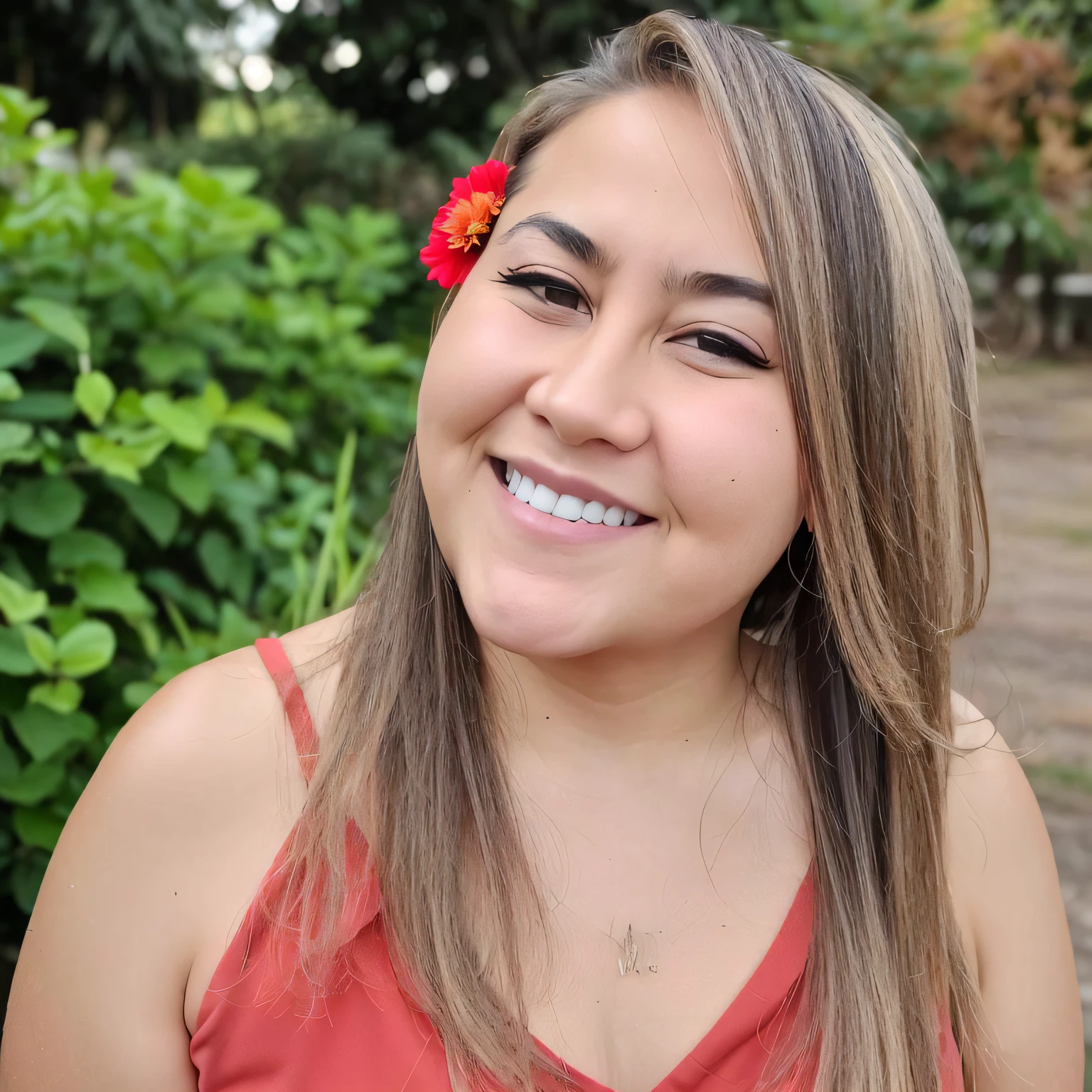 There is a woman with a flower in her hair smiling, Usando tatuagens shipibo, Directed by: Nandor Soldier, Mulher de 30 anos de Cuba, Alanis Guillen, red birthmark, imagem de perfil, Lorena Avarez, andrea rocha, Fotografia tirada em 2 0 2 0, Por Reyna Rochin, Malika Favre criar uma imagem de noiva