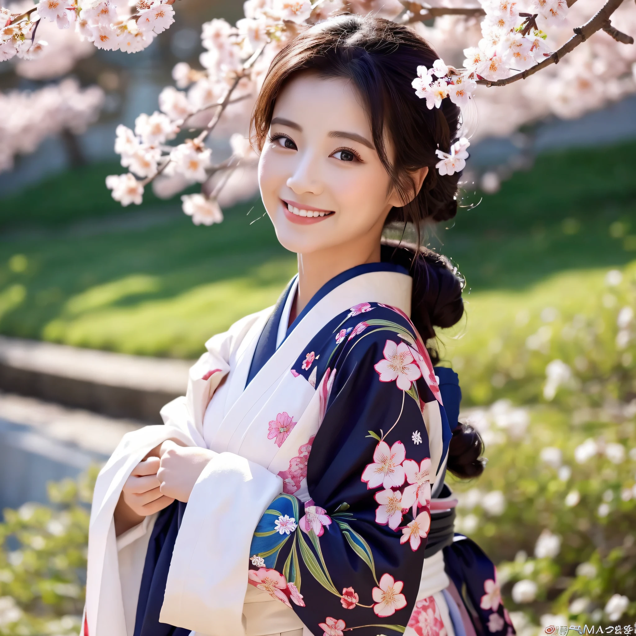 (Super beautiful woman in kimono)、((best qualtiy、8k masterpieces:1.3))、foco nítido:1.2、(ultra beautiful faces:1.0)、(shinny skin:1.0)、photos realistic、A dark-haired、Video Lighting、High-definition eyes and face、Video Lighting、Japanese actressl、from the front side、medium breasts、With a happy smile、Slender Abs Beauty、Whole body、wearing kimonos、On a hill with dancing cherry blossoms