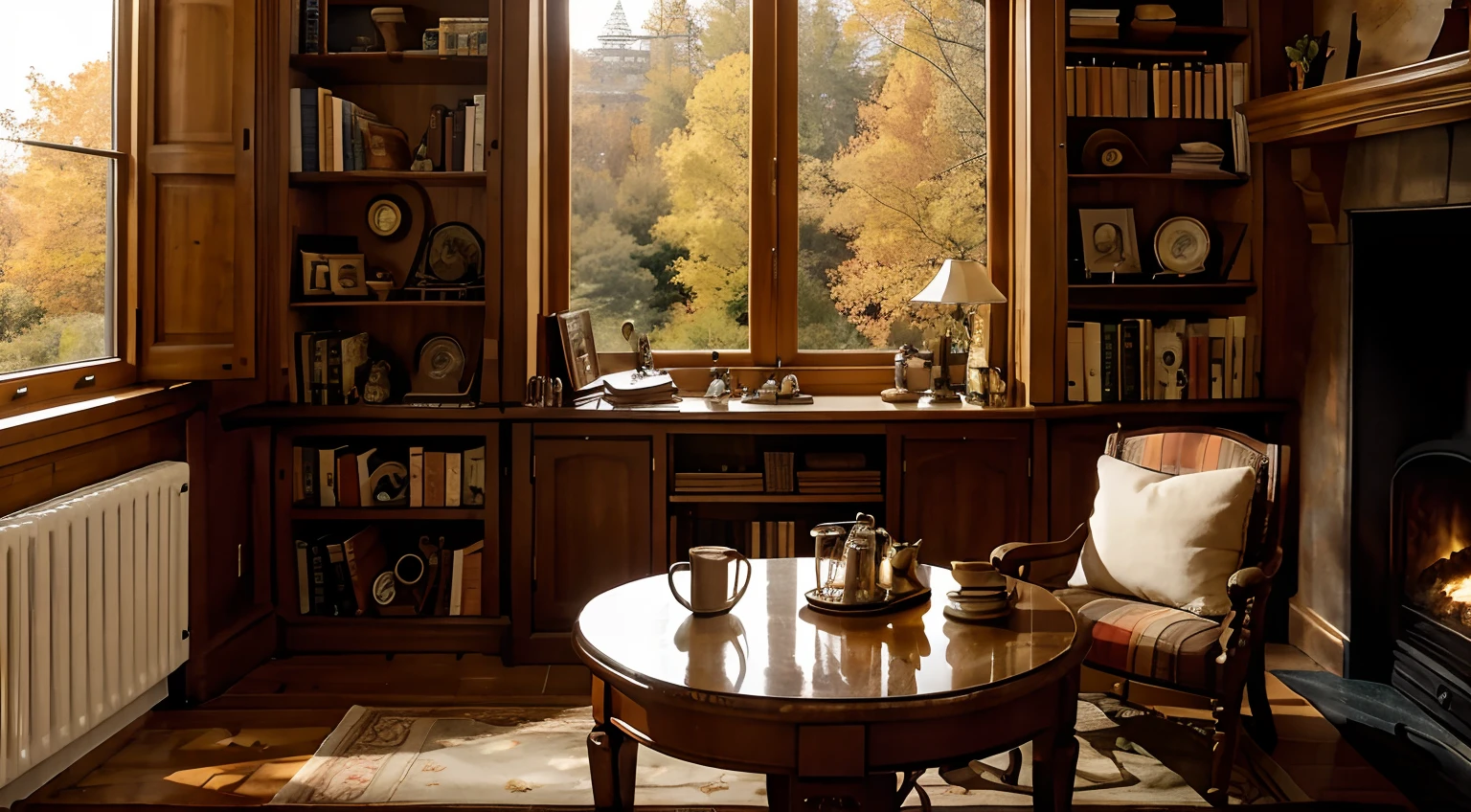 autumn cozy castle room, with a cozy bookshelf, coffee can and coffee cup over the table, just one side fireplace, there's a big window to the castle garden