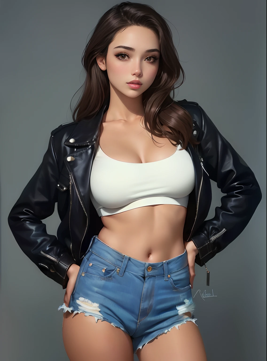 una mujer con un top blanco y pantalones cortos azules posando para una foto, Modelo IG | Artgerm, Hermosa modelo de chica, Hermosa chica modelo, pose casual, Foto de Slim Girl Model, Cuerpo perfecto fotorrealista, Retrato Sophie Mudd, Colegiala hiperrealista, Hermosa modelo femenina, Render fotorrealista de Anime Girl, Arte digital muy realista, 2 4 year old female model