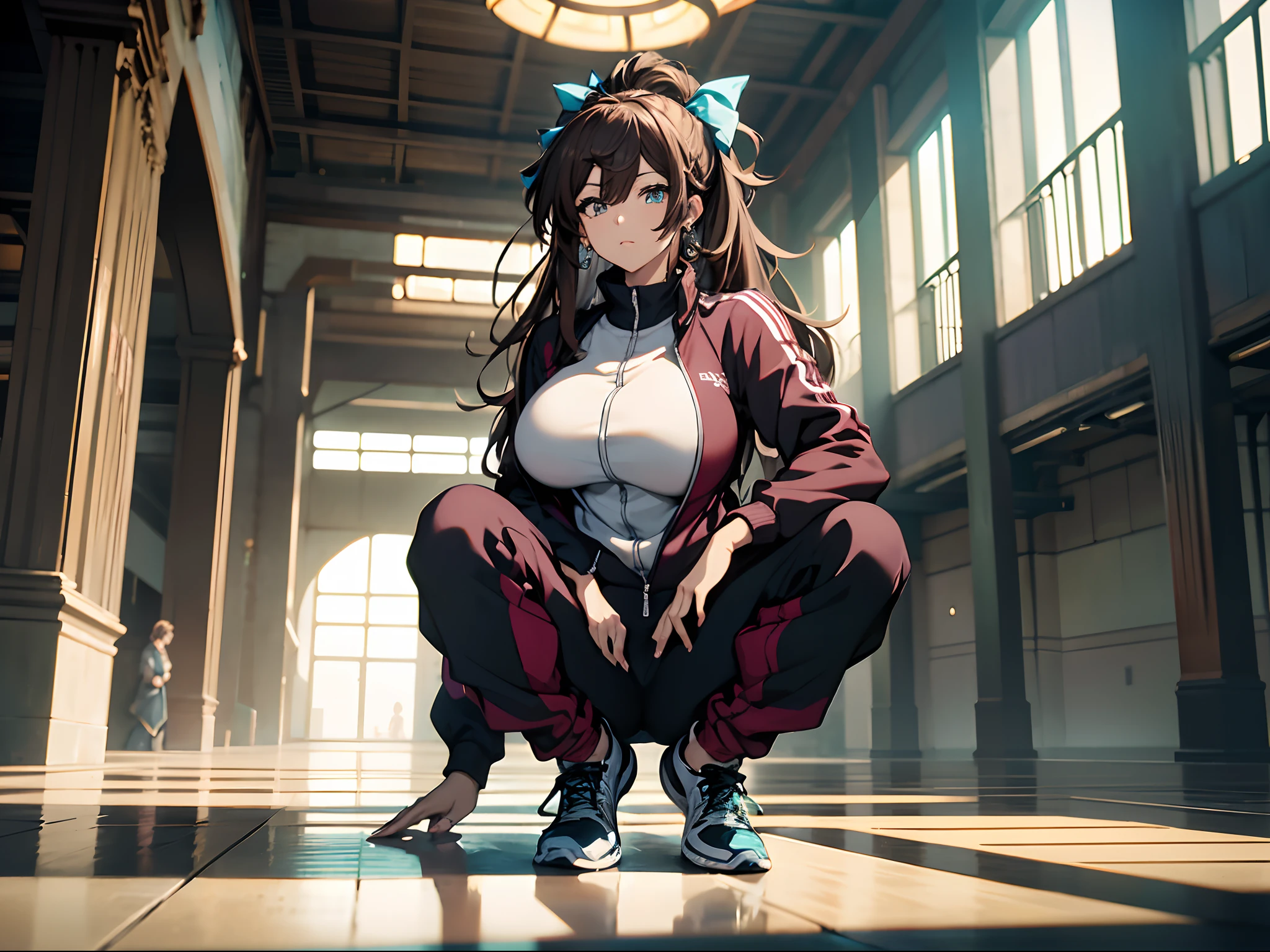 Building lobby，Ultimate luxury，detailed detail，one-girl，track suit，(Squat on the floor)，Squat on the floor，Brown hair, Hair Bow, aqua eyes, Earrings, anime big breast, Cinematic lighting,  8K, Best quality, A high resolution，full bodyesbian，中景 the scene is，A handsome guy stood behind the girl