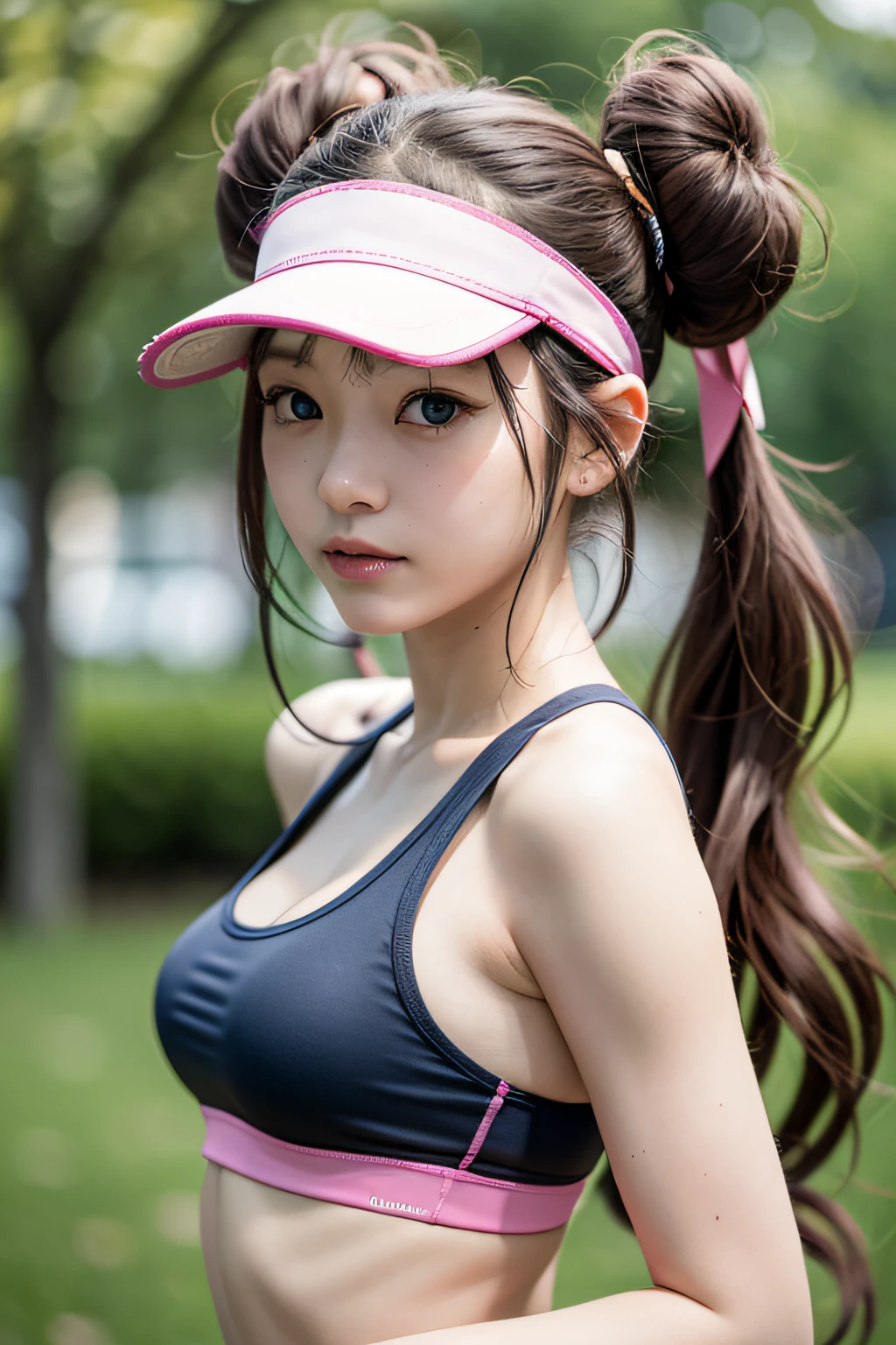 masutepiece,Best Quality,1girl in,RO1,Hair bun,Blue eyes,Twin-tailed,Visor Cap,Sportsbra,pink bows,wrist watch,closes mouth,tussock,