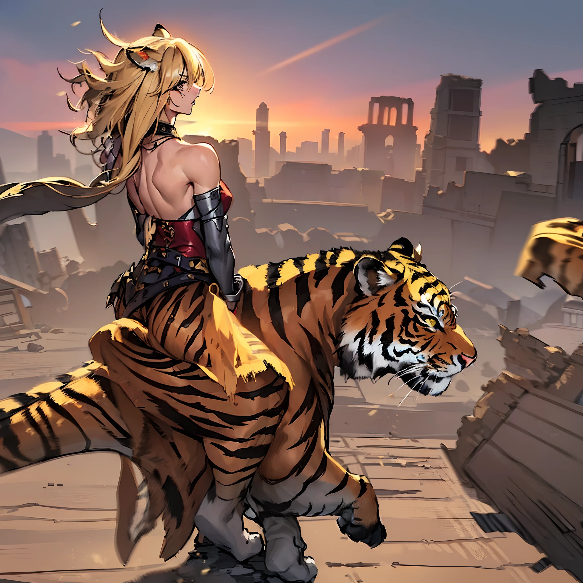 20yo 1girl, solo, (angry:1.4), small chest, (muscular, fang:1.4), (blonde long hair, tiger print bang:1.4),(tiger ears, locket necklace, triangle locket:1.2), (tiger print long pant, tiger print elbow gloves, black knee boot:1.2), ( light particles, motion lines, speed lines, motion blur, The girl's hair flutter wildly in the wind, high speed:1.4), (fantasy, ruin city in desert:1.4), (from behind:1.4)