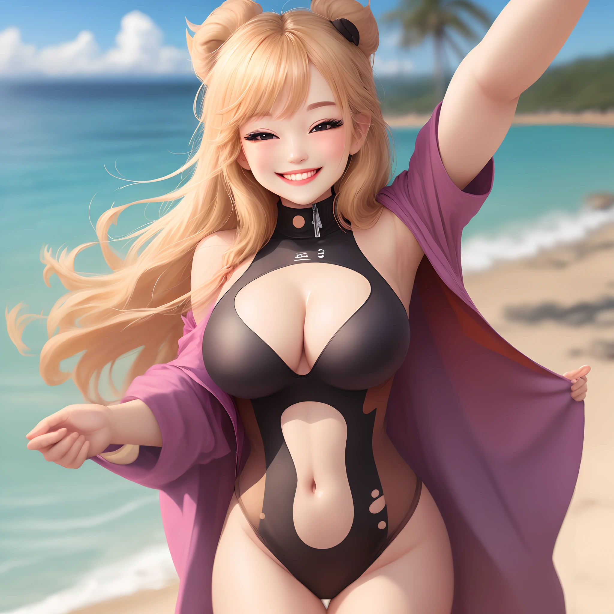 ranboo in a bodysuit at the beach smiling and winking at the camera
