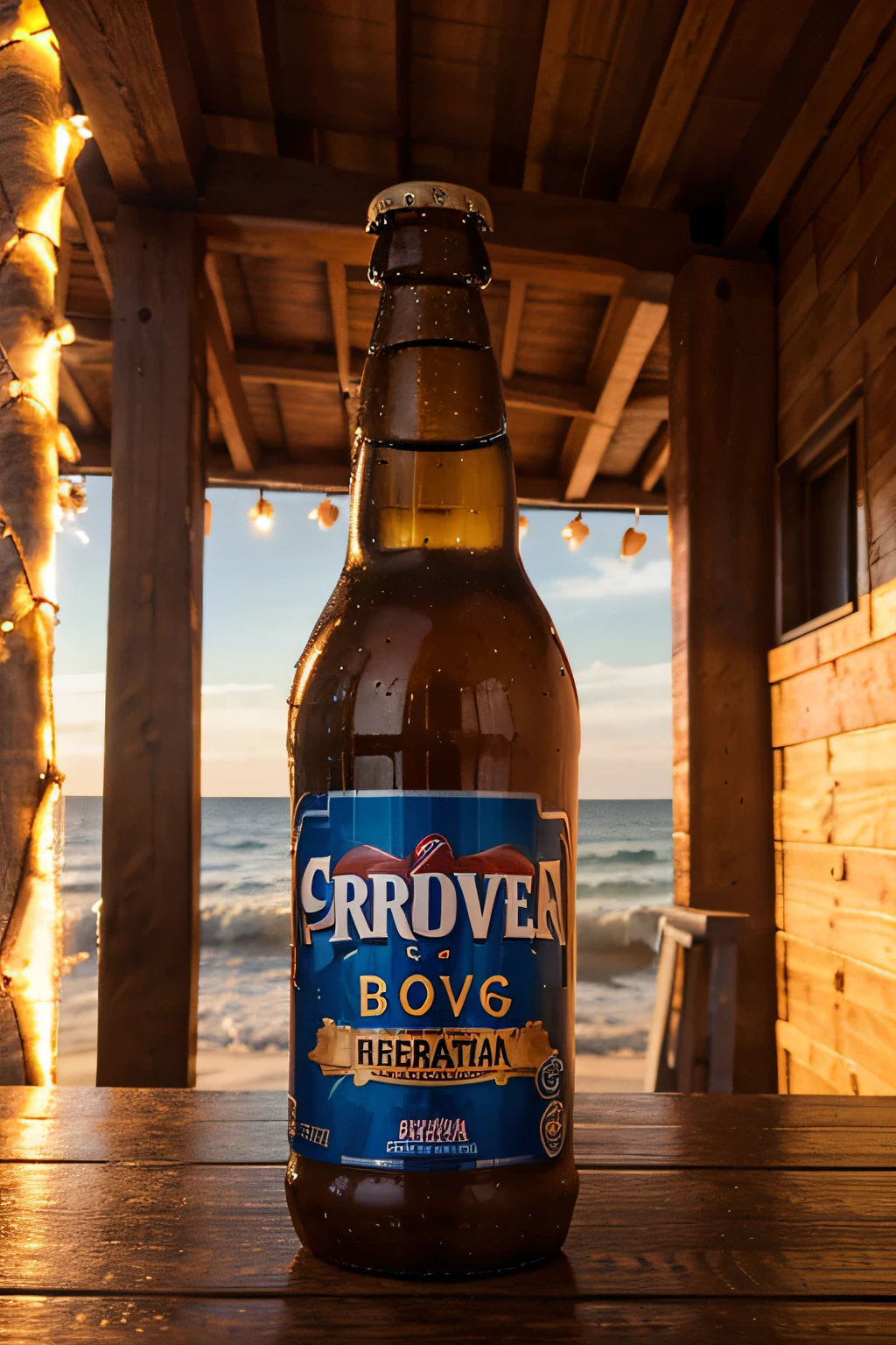 uma garrafa de cerveja long neck, On wooden surface, foto ultra realista, advertising scene, ambiente de praia, warm ilumination.
