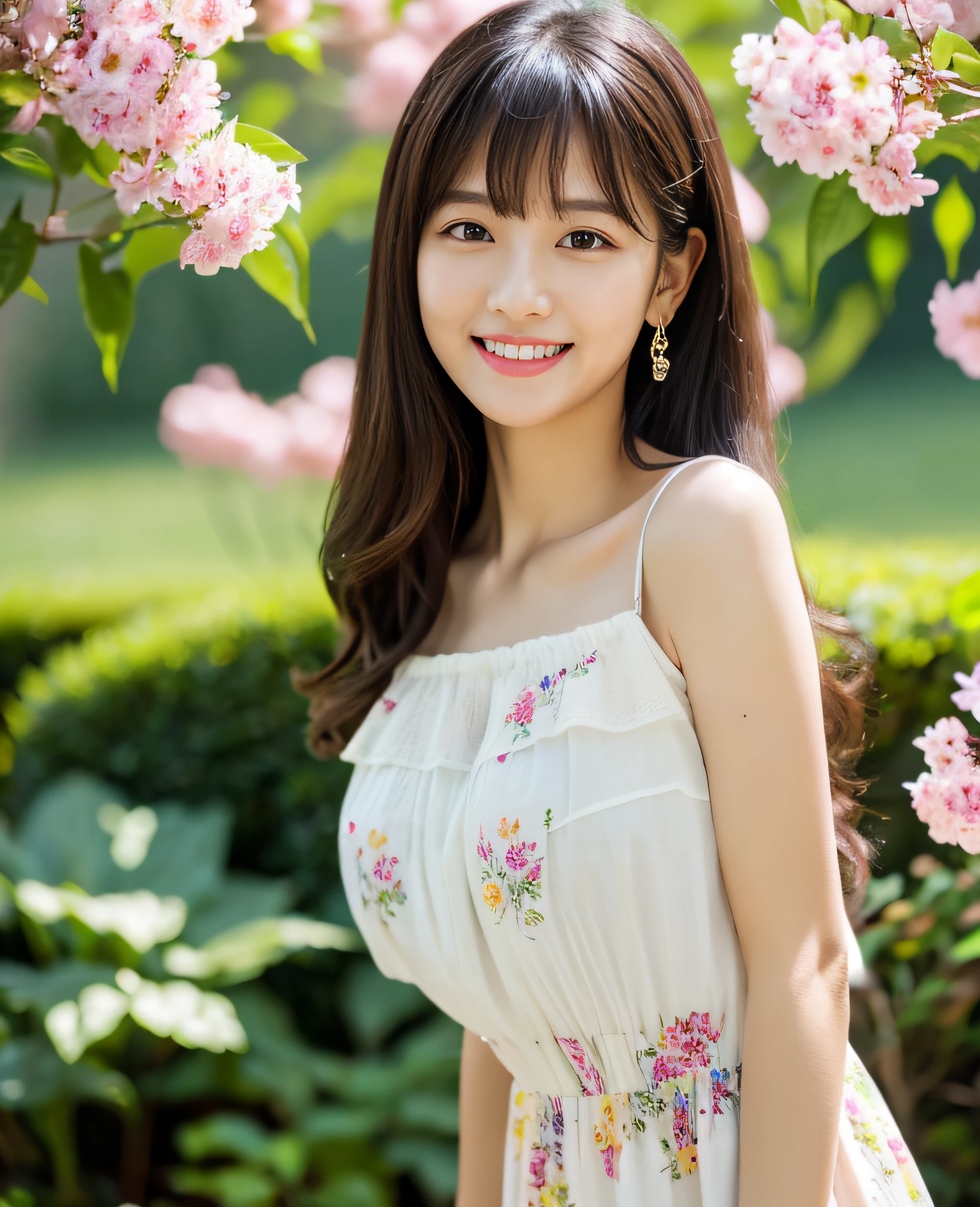 ((Masterpiece)), 8k, Masterpiece, Highest Quality, 1 Girl, Solo, Realistic, Garden, Photorealistic, Super Detailed, Detailed Background, (Solo: 1.4), Happy Expression, Slender Body, Realistic Highly detailed long hair, intricate details, masterpiece, top quality, waist shot, (flowery garden background)), smile, ((looking at camera)), earrings, long straight black hair, asymmetrical bangs, natural chest ,