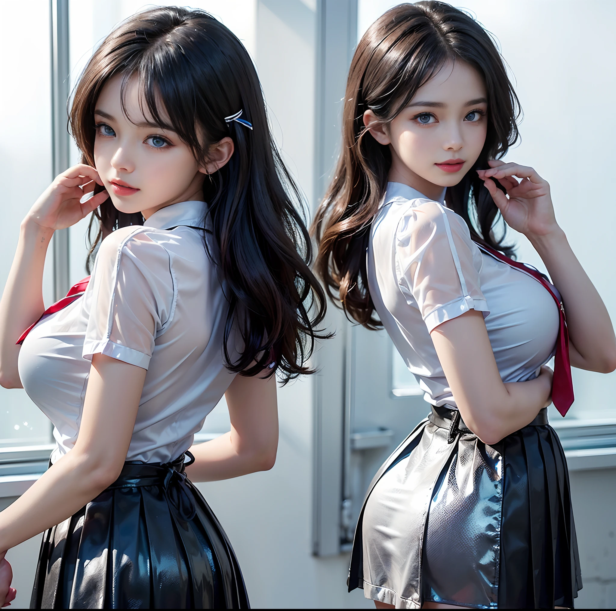top-quality, ​masterpiece, (Professional lighting without shadows), A hyper-realistic, Bewitching, perfect anatomia, Two girls, (Girl proudly standing in front of camera shows off high school girl uniform ribbon ties, Another girl on the other side, Bend over and stick your butt out towards the camera), ( Huge breasts:1.2), (Bright and even whitening skin without wrinkles and steps), (Bright beautiful blue eyes with long black eyelashes and red tear bags reflected light:1.5)、 (Braided half-up hair with bangs:1.2), (Her outfit is、Dress up cramped schoolgirl uniform accurately:1.3), (Proudly showing off a crimson ribbon tie from the front:1.2), (Another girl on the other side、To beautifully emphasize the proud ultra mini pleated skirt、Showing off a pose with the buttocks exposed from directly behind:1.3), (Beautiful face squinting in dazzling light:1.4), ssmile, (All clothes are thin and translucent and trivial, high-quality shiny,:1.6)