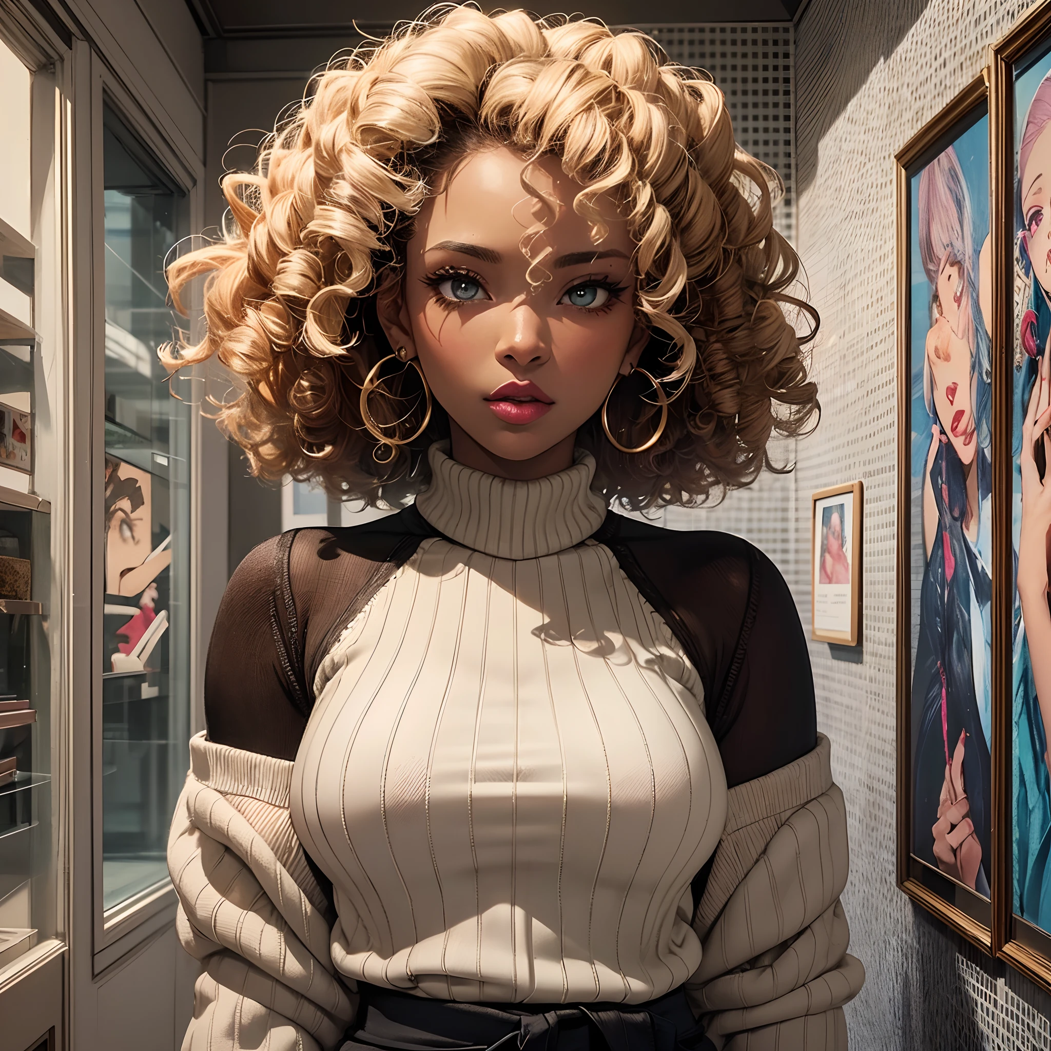 (masterpiece, best quality), 1 semi- black girl, Generate an exquisite, best quality illustration, ( wearing Turtleneck sweater wide-leg pants ), Enigma, Average Height, Narrow Hips, Round Face, Dark Skin, Honey Blonde Hair, Amber Eyes, Wide Nose, Thin Lips, Sharp Chin, Long Hair, Fine Hair, Curly Afro, large breasts, Stud earrings, rose sheer lipstick, Installation Art, striking, Graphic Novel, Glow --auto --s2