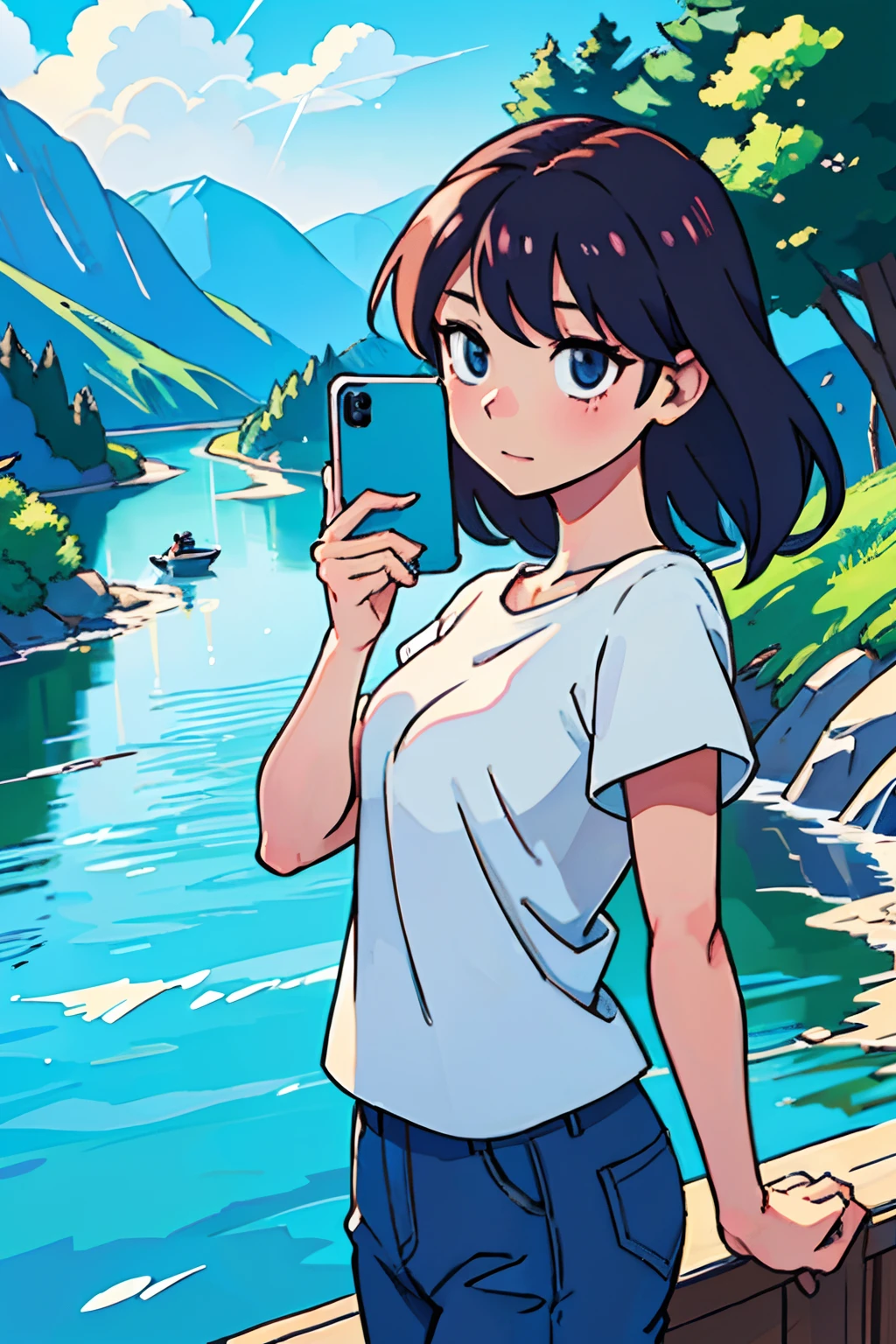 (best-quality:0.8),
(best-quality:0.8), perfect anime illustration, extreme closeup portrait of a pretty woman taking a selfies using his phone, standing near beautiful river.