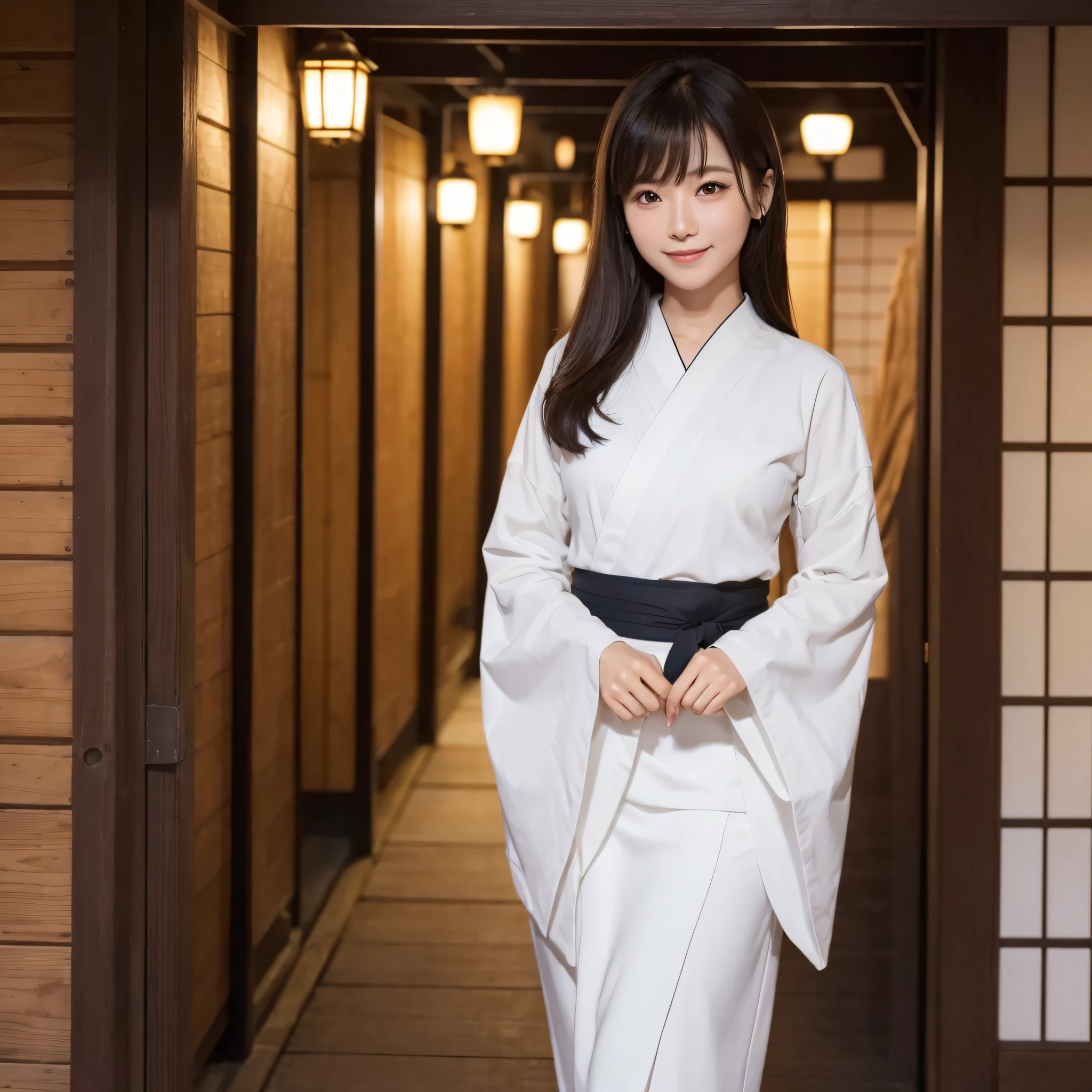 Beautiful woman in neat Japanese clothes、((best qualtiy、8k masterpieces:1.3))、foco nítido:1.2、(ultra beautiful faces:1.0)、(shinny skin:1.0)、photos realistic、A dark-haired、Video Lighting、High-definition eyes and face、Video Lighting、Japan Idol Actress、from the front side、medium breasts、Smile、Slender Abs Beauty、Whole body、In Gion