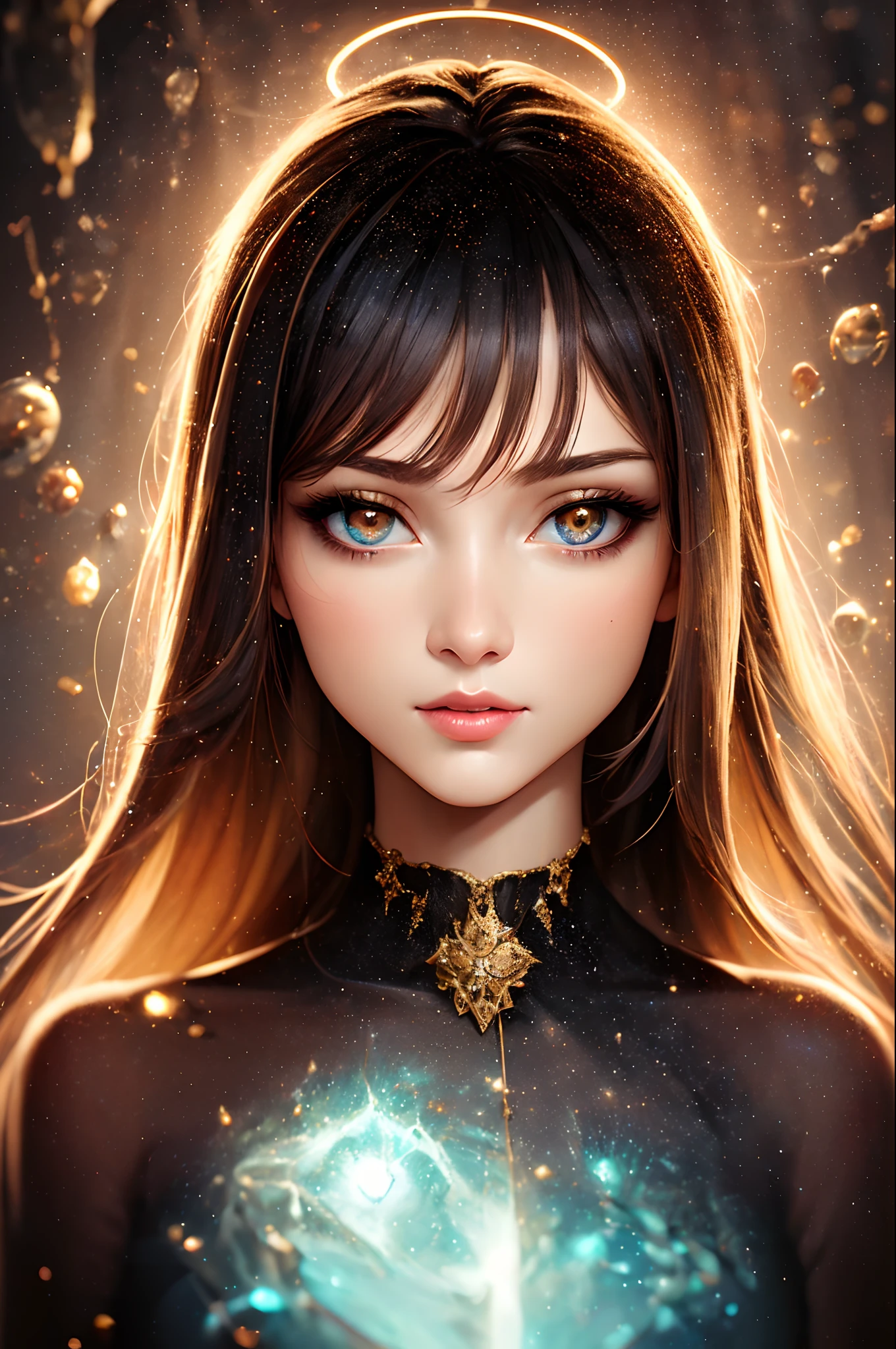 Best Quality, Realistic, Portrait, 1girl in, celestial, Deities, Goddess, light Particle, Halo, Looking at Viewer, (bio luminescent:0.95) loimu, bio luminescent, Vibrant, Colorful, Color, (Glow, Glow), (Beautiful composition), Cinematic lights, Convoluted, (symmetry: 0.5), capricious, alien planet, Sheer shirt,