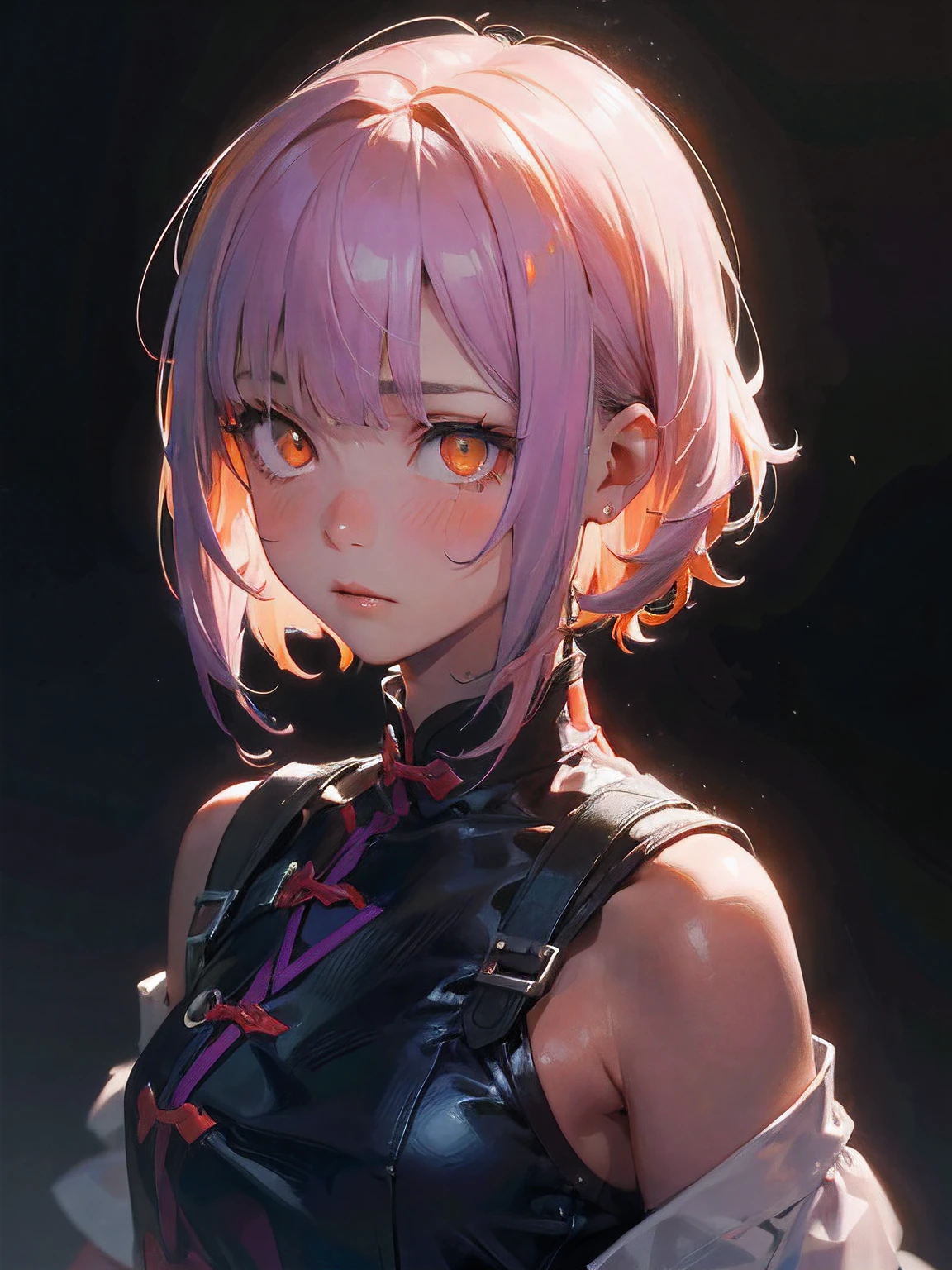 a 19 yo girl , Light Pink Hair , (hi-top fade:1.3) , dark themed , Muted Tones , Subdued Color , highly contrast , (natural skin textures , Hyper-Realism , Soft light , sharp) , ((Light Purple Aodai)) , ((shoulder-length hair)) , (bright orange eyes) , sad expression , focus on the face , opposite shot , full head , want to cry, (bright orange eyes:1.5)