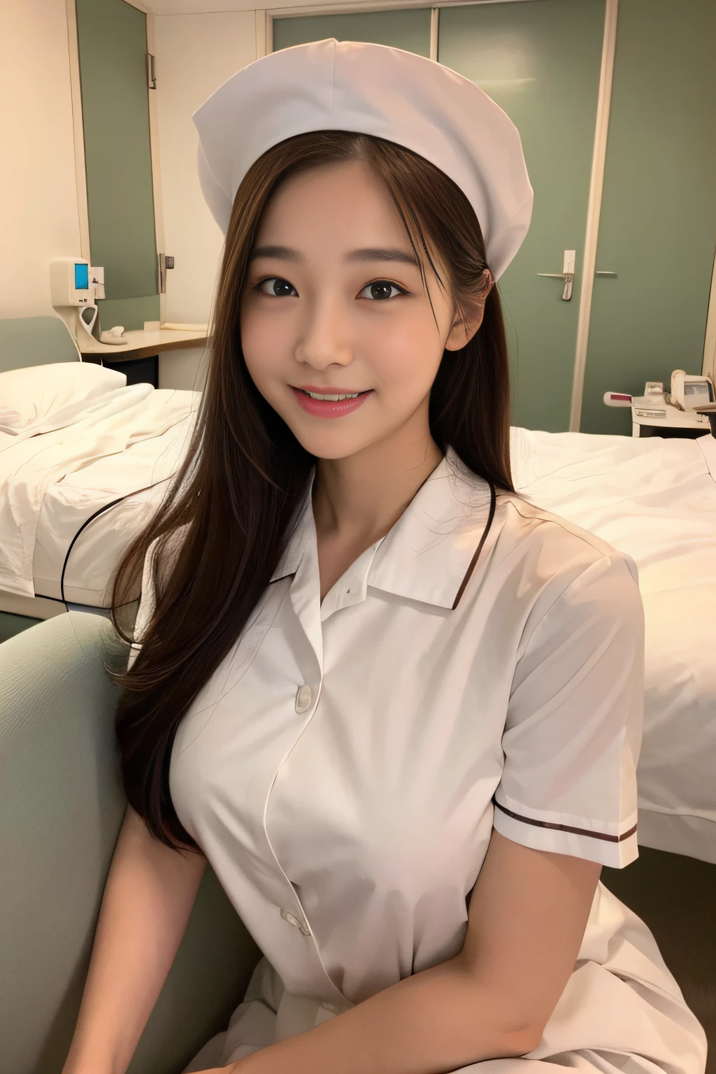 (top-quality、8K、32K、​masterpiece、nffsw:1.2)、Photo of a cute Japanese woman、女の子 1 人、long、(short brown hair)、(Too big big breasts)、二重まぶた、White nurse uniform、（Small white nurse cap）、White shirt、open-shirt、hospitals、Hospital Room、The upper part of the body、NSFW、Pink panty、ssmile、the pose、bangss、frontage、Lateral face、on  back、Turned、Prone