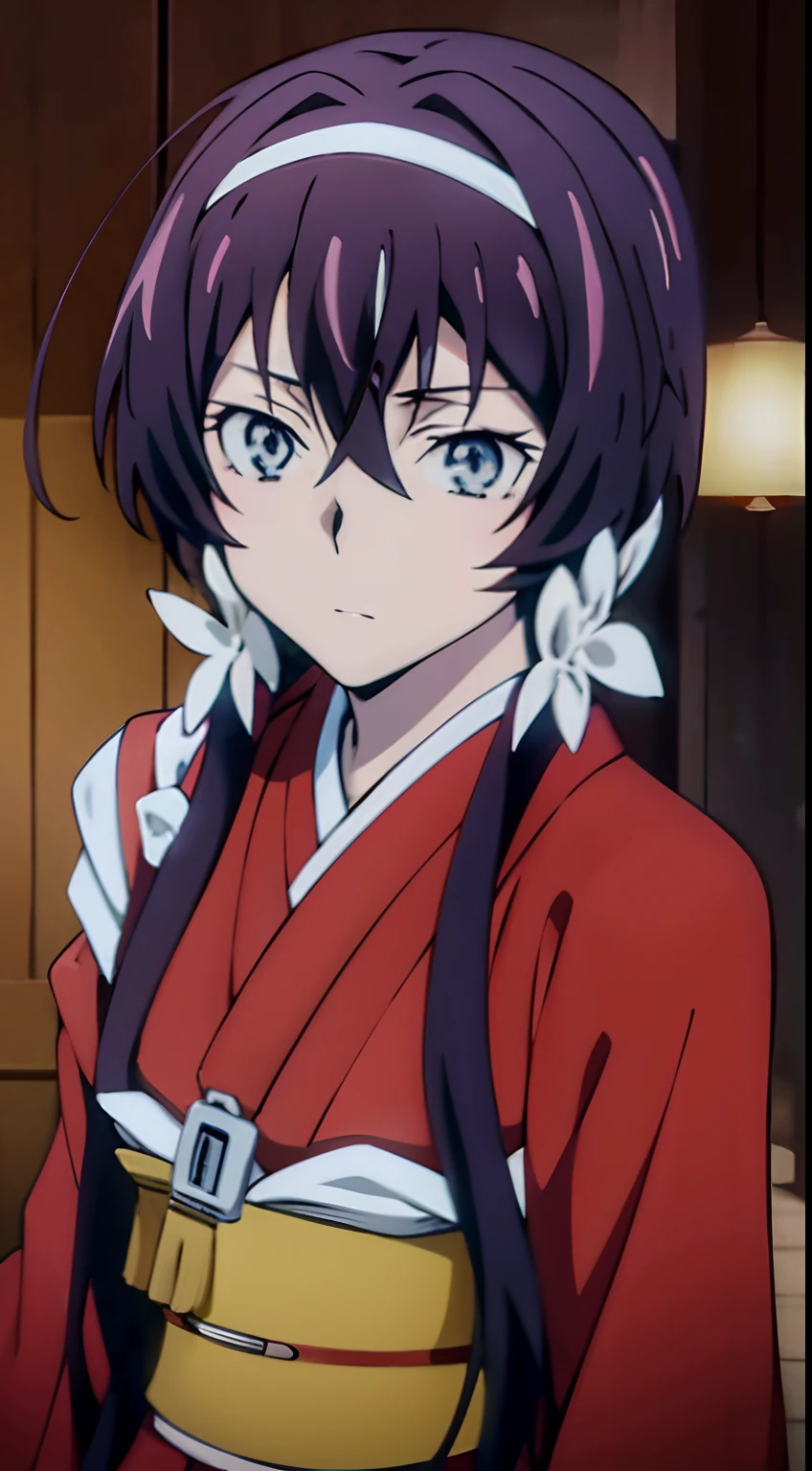 masutepiece, Best Quality, 超A high resolution, top-quality, Anime style, izumi kyouka, Red kimono, Tasukikake, shairband, long bowed hair to the waist, 14years