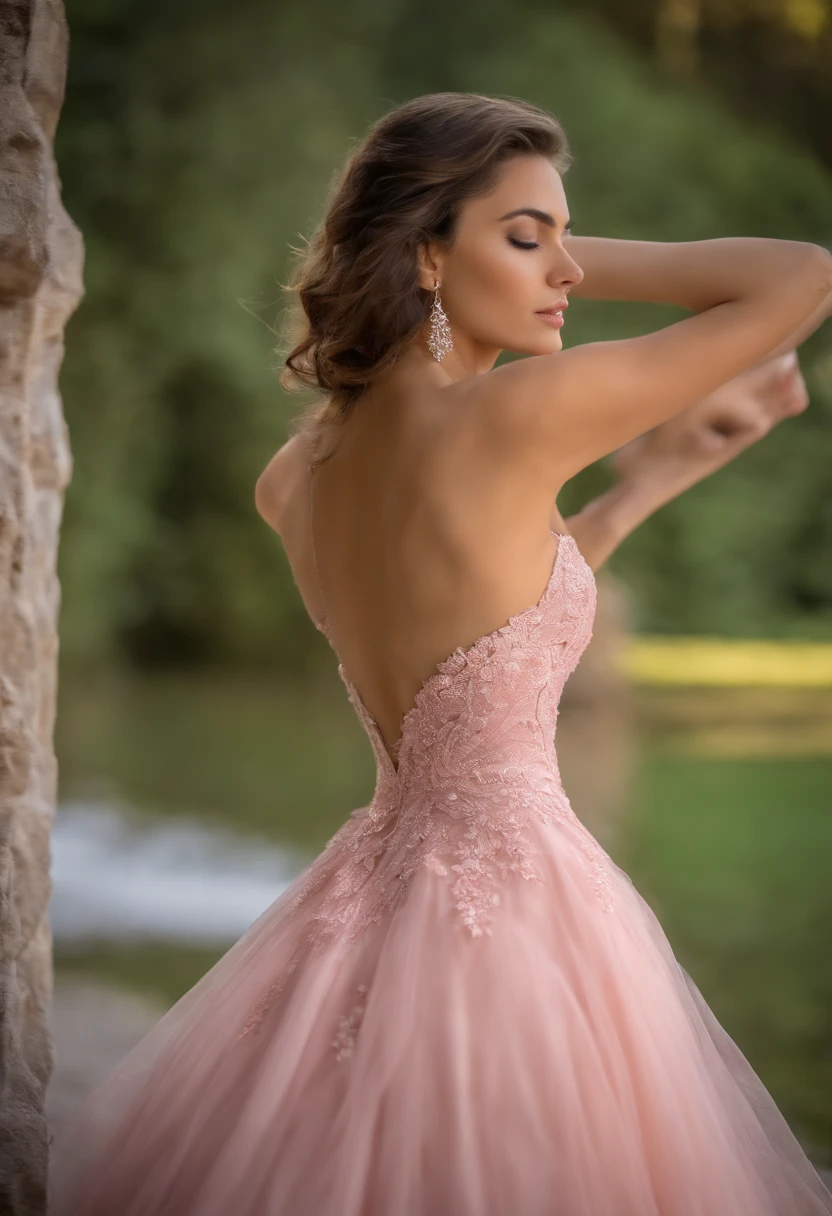Pretty 25 year old girl, con un vestido rosa, arrodillarse y empujar sobre la cama, seen from the back, parte de atras del vestido lleno de semen, rozando mi pene encima de su vestido