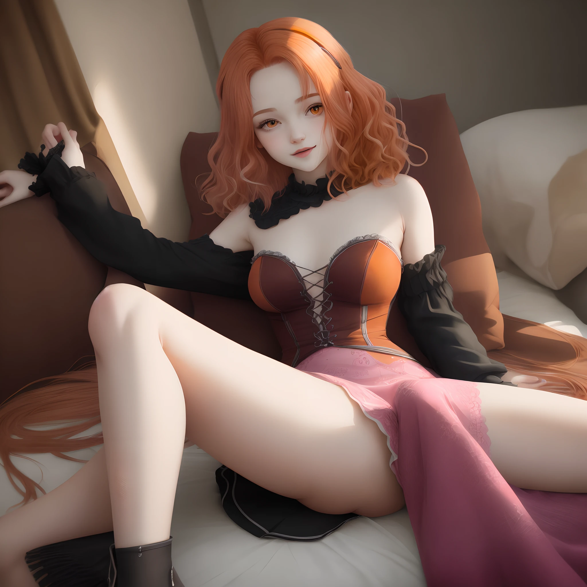 Completely , legs spread, pink , seductive look, woman, girl, , curly orange hair, fingers spreading open